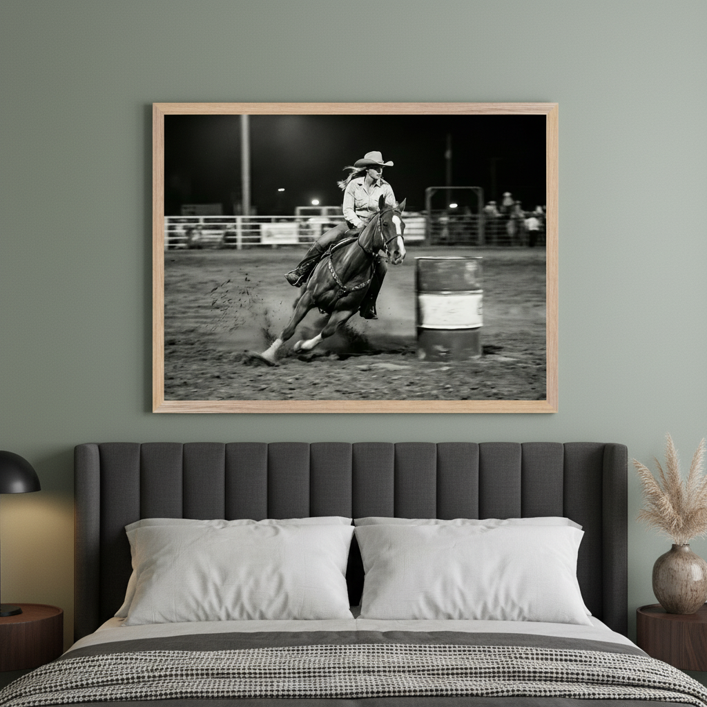 Modern bedroom with a dark gray upholstered bed. A large, light-wood framed black and white photograph hangs above the bed, depicting a cowgirl on a horse kicking up dirt while turning a barrel in a rodeo.