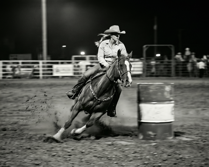 Black-and-white action photograph of a woman riding a horse in a barrel racing event under arena lights, horse kicking up dirt as it rounds a barrel sharply. This visually exciting image works for older children and adult sports or western fans alike.
