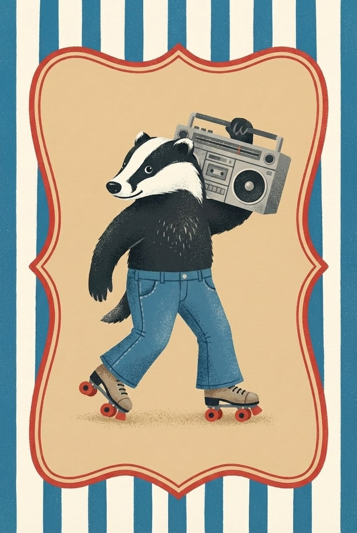 Illustration of a cool badger on roller skates wearing jeans and carrying a boombox on one shoulder, smiling confidently against a tan background with a red border and striped blue and white sides.