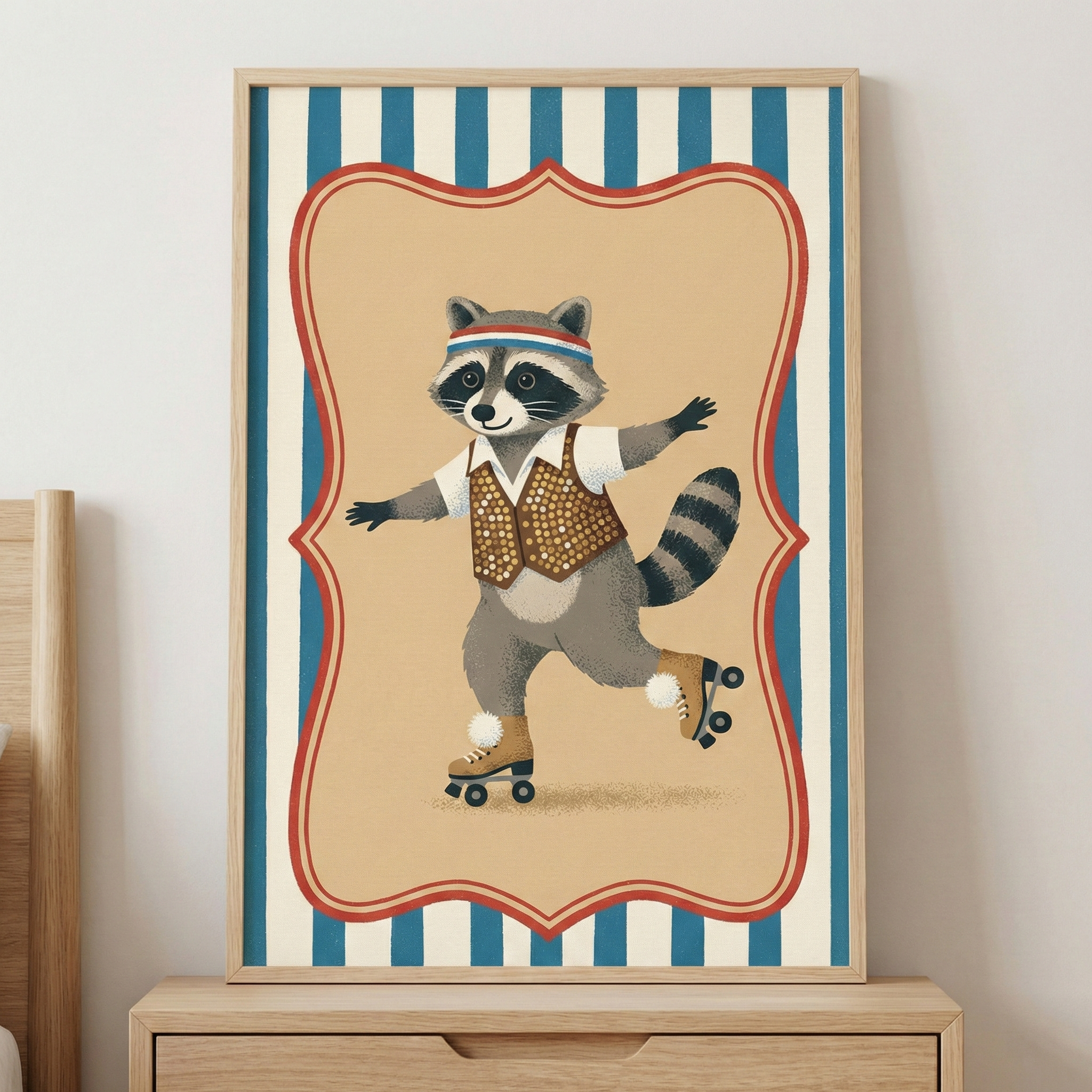 A framed illustration featuring a cartoon raccoon roller skating. The raccoon wears a red, white, and blue striped headband, a white collared shirt, and a brown vest decorated with gold circular patterns. Balanced on one leg, the raccoon wears brown roller skates with fluffy white pom-poms. The central character is set within a decorative red-bordered frame on a cream background, which is itself layered over a pattern of vertical blue and cream stripes. 