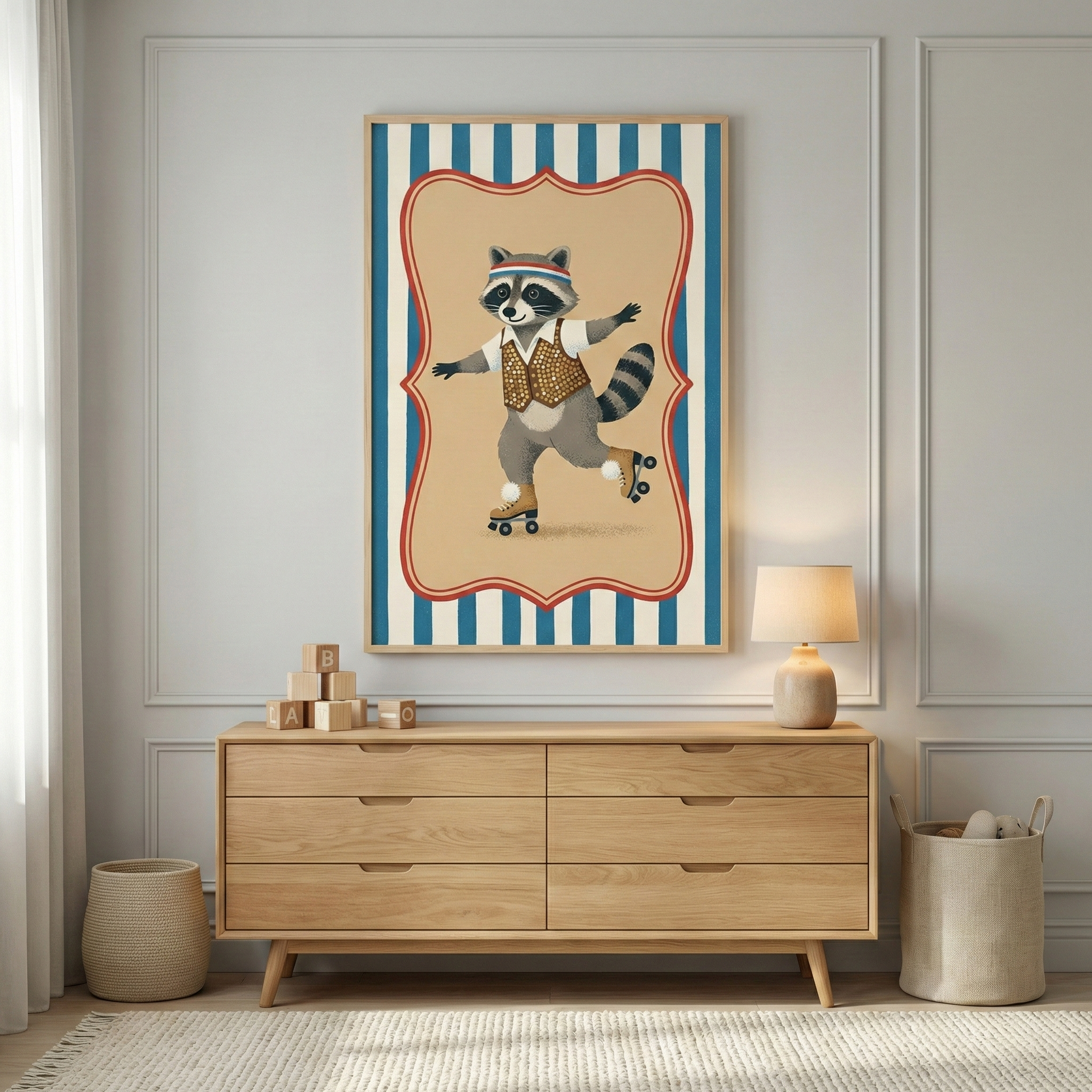 A minimalist child’s room features a light wood six-drawer dresser against a light grey paneled wall. On the dresser are small wooden building blocks and a ceramic lamp with a neutral beige shade. Hanging prominently above the dresser is a framed art piece depicting a cartoon raccoon on roller skates, wearing a textured brown vest and a red, white, and blue headband. The raccoon is centered within a red-bordered beige frame set against a background of blue and white vertical stripes. 