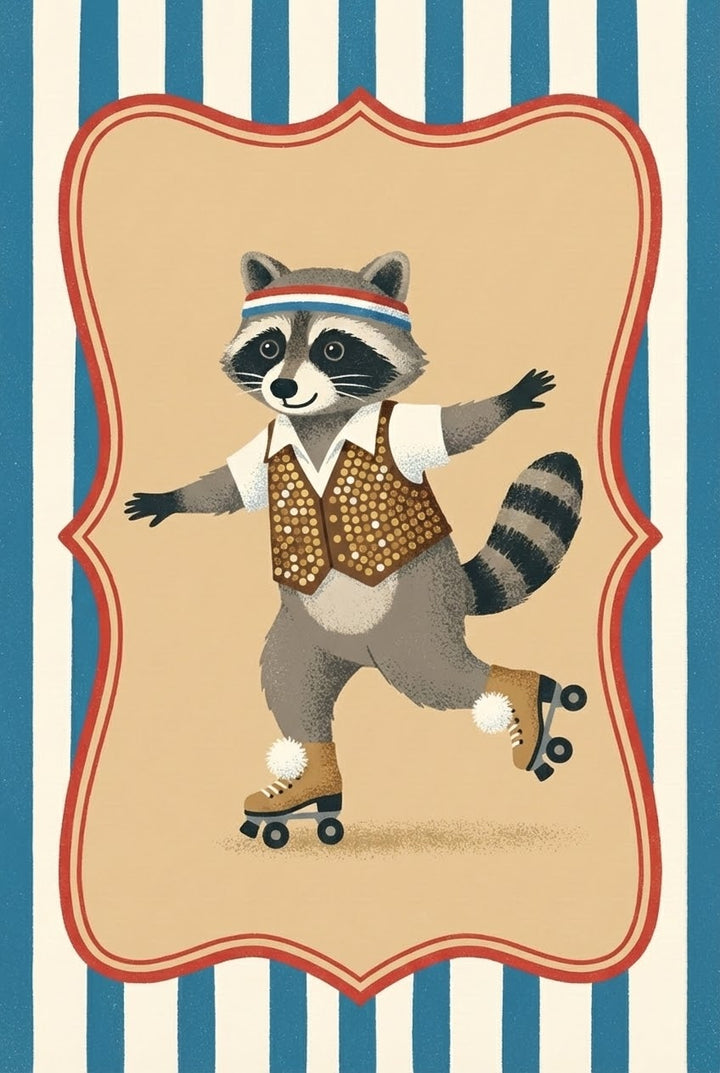 Illustration of a raccoon in retro-style clothing, wearing a sequined vest and a headband while roller skating joyfully on a tan background with blue and white stripes.