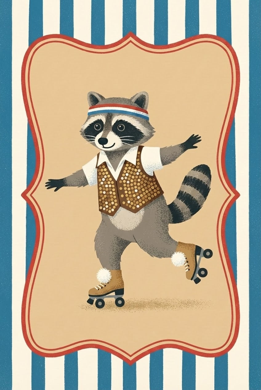 Roller Skating Raccoon Retro Style Wall Art - Retro Roller Raccoon