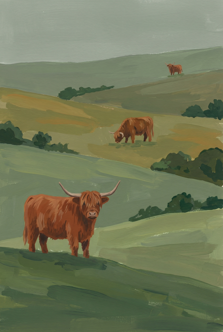 Three shaggy brown cattle graze across green slopes in this rolling hill highland cow wall art.