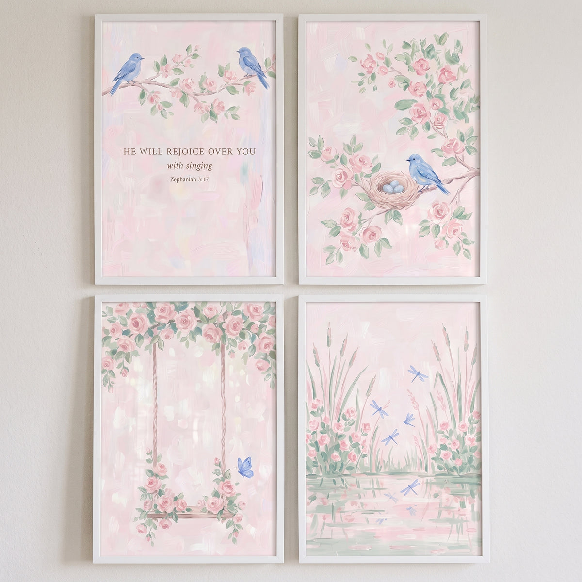 Romantic Blush Floral Garden Artwork Set of 4 - Serene Pastel Garden