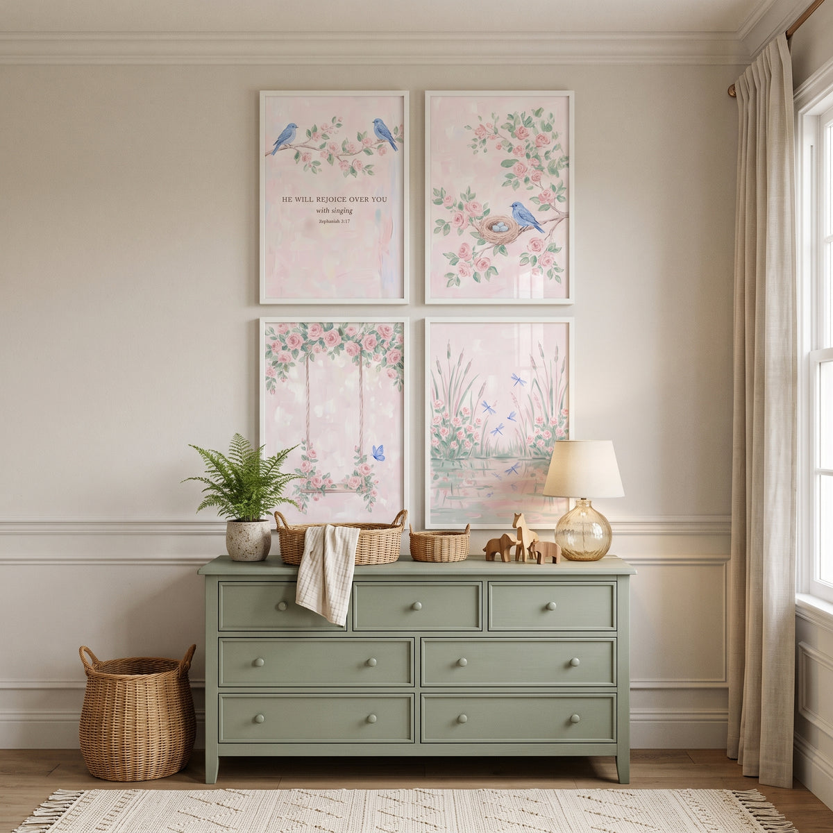 Romantic Blush Floral Garden Artwork Set of 4 - Serene Pastel Garden
