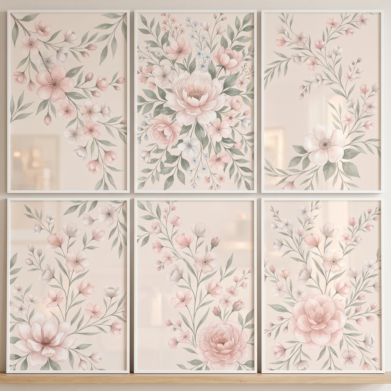 Romantic blush watercolor floral wall art set of 6 featuring delicate pink flowers and soft sage green leaves.