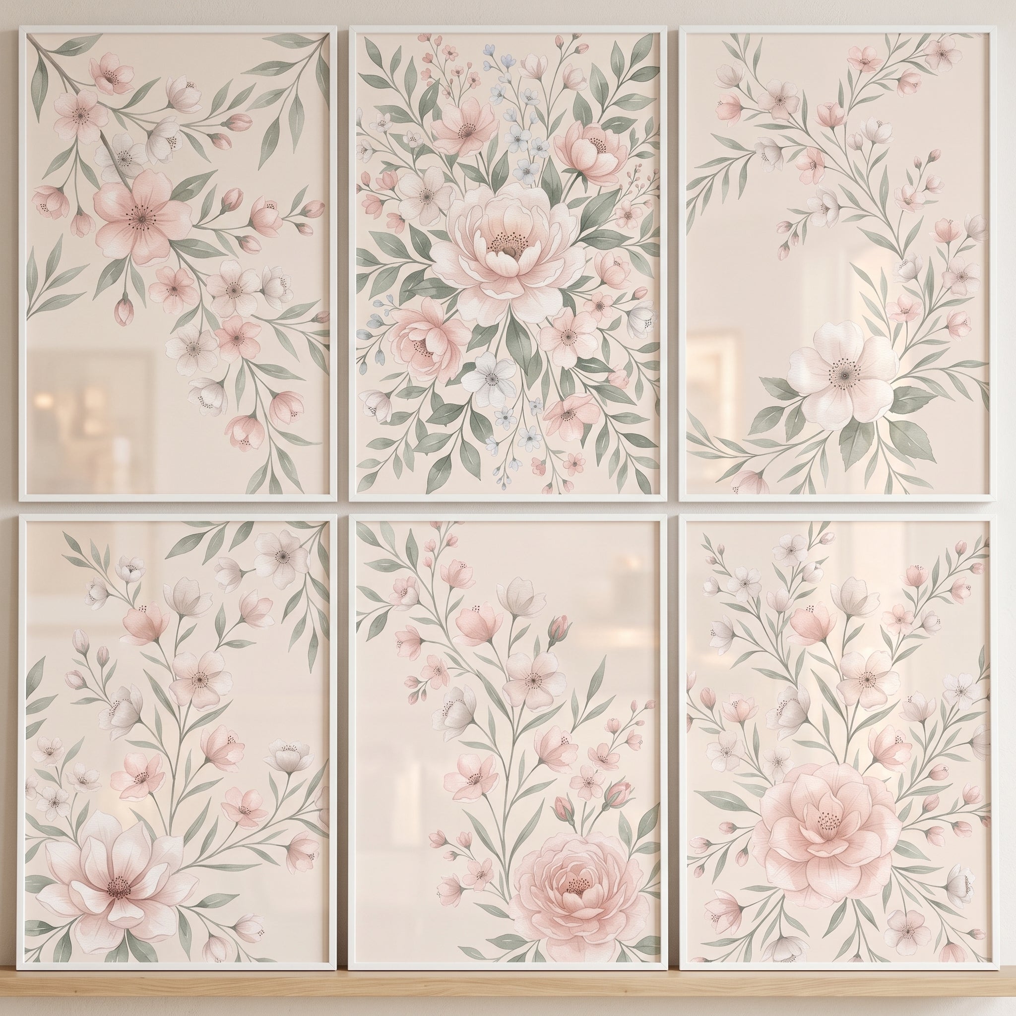 Romantic Blush Watercolor Floral Wall Art Set of 6 - Pastel Botanical Garden
