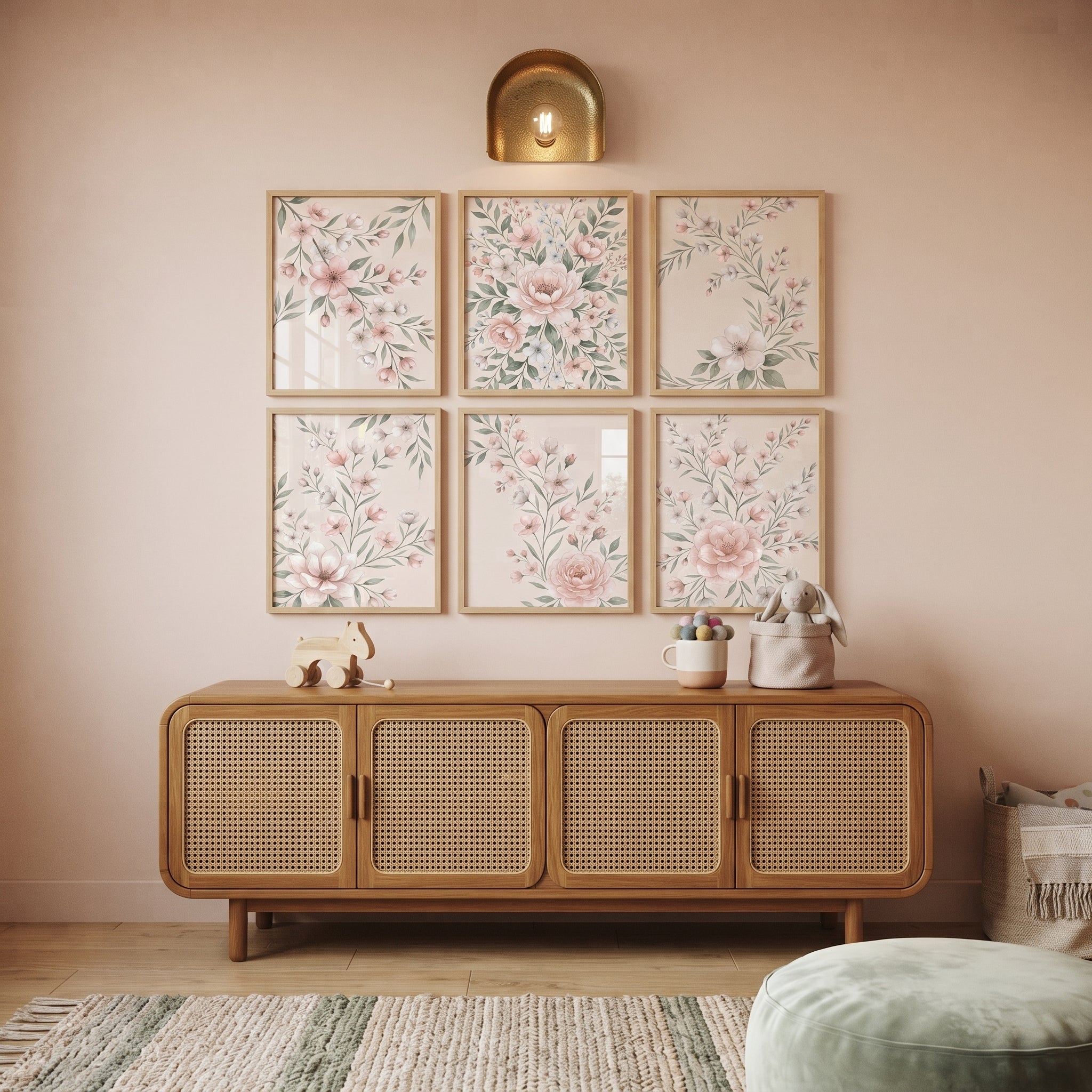 Romantic Blush Watercolor Floral Wall Art Set of 6 - Pastel Botanical Garden