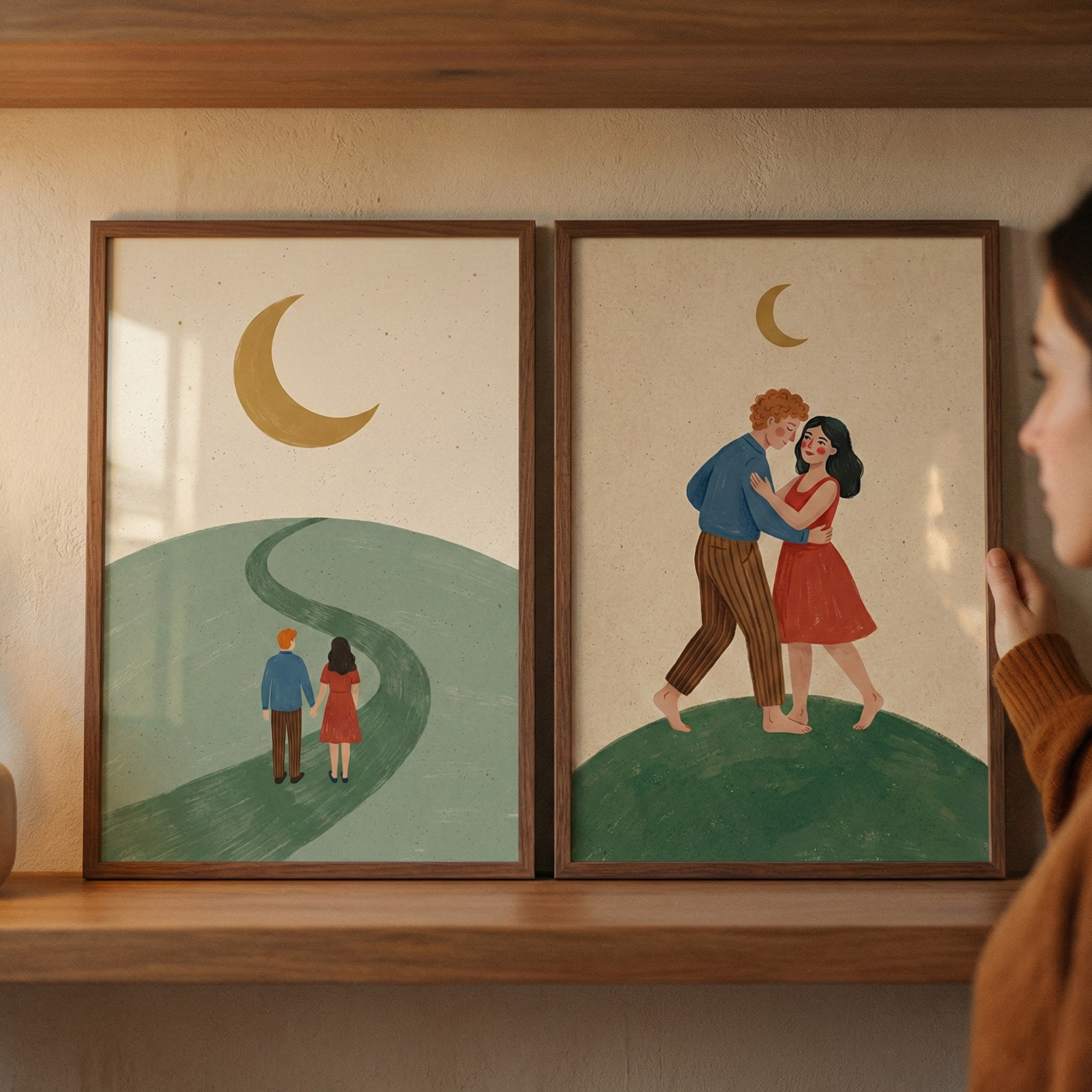 Two vertically oriented, wood-framed illustrations sit on a wooden shelf. The illustration on the left shows a small couple walking away along a winding path over a light green hill, beneath a large golden crescent moon in a pale, speckled sky. The illustration on the right depicts the same red-haired man and dark-haired woman in a red dress dancing together barefoot on a dark green hill under a small crescent moon. A person's hand and face are partially visible on the right.