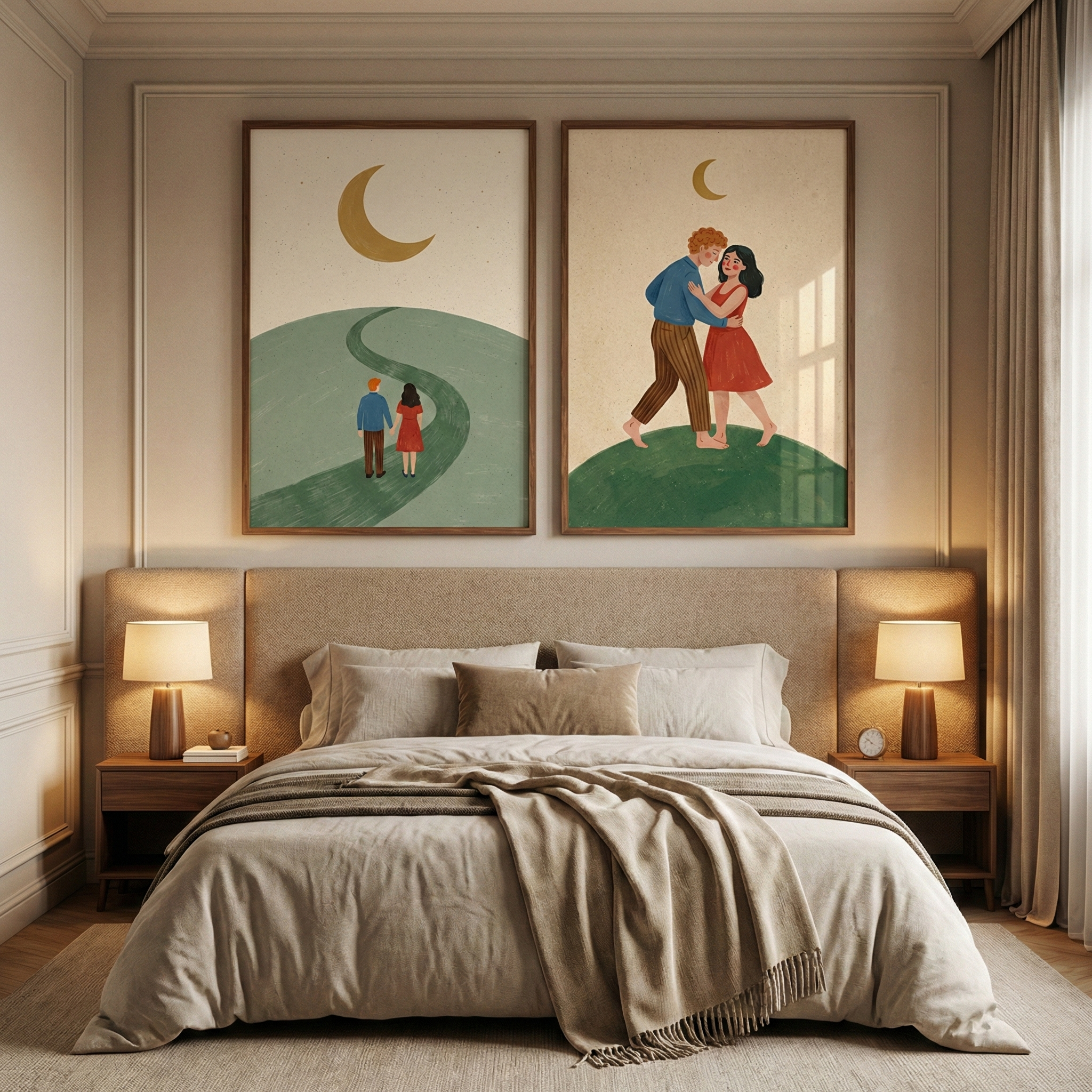 A minimalist bedroom features a large bed with a beige upholstered headboard and neutral bedding. Two wooden nightstands flank the bed, each holding a glowing lamp. Above the bed are two framed illustrations. The left illustration shows a couple walking away on a winding path across a green hill under a crescent moon. The right illustration depicts a couple dancing together on a green hilltop under a crescent moon. The room has cream walls with subtle molding and floor-to-ceiling curtains.