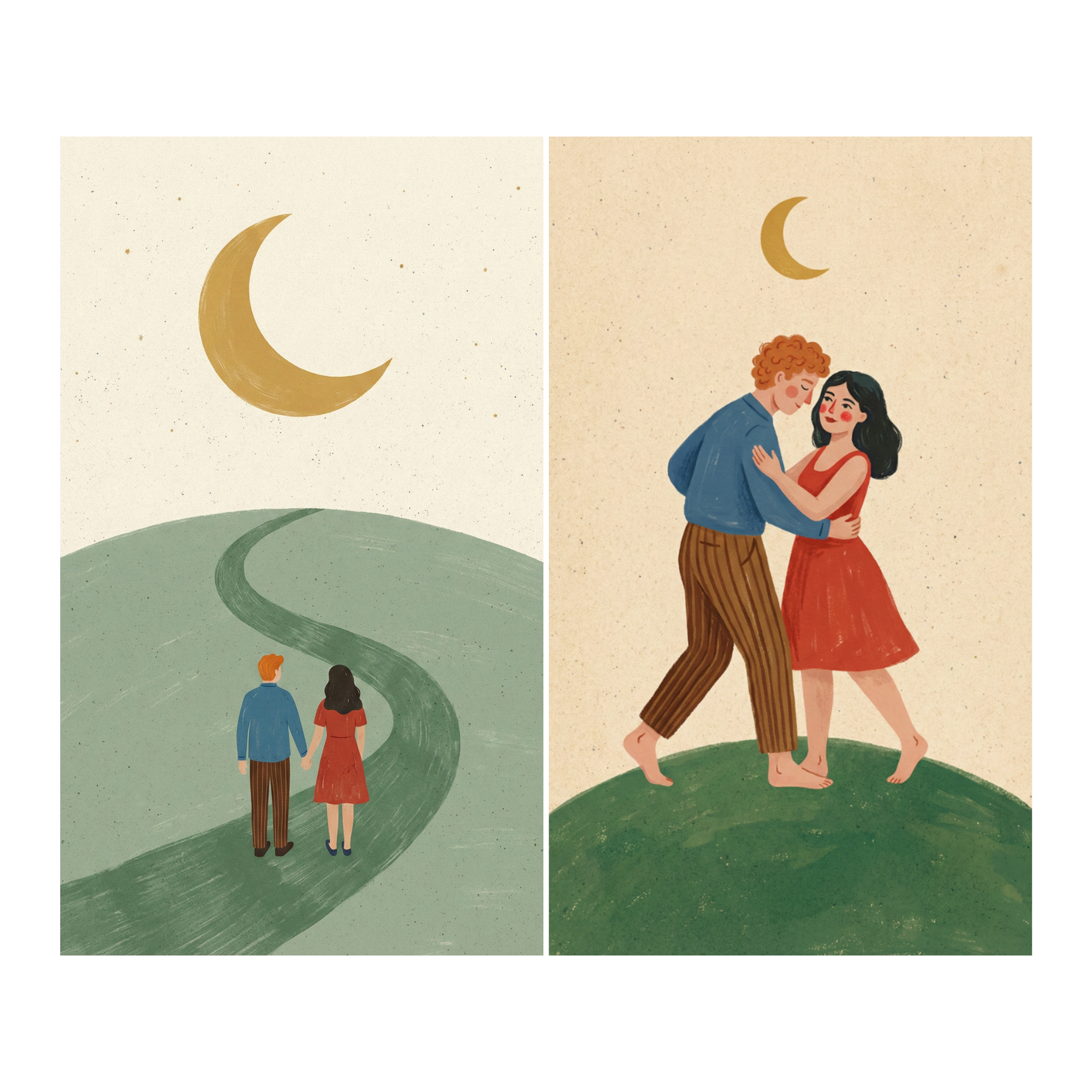 Close up illustration of a couple gazing at each other with soft blush on their cheeks under a crescent moon. Their faces fill the frame, emphasizing tenderness and emotional closeness.
