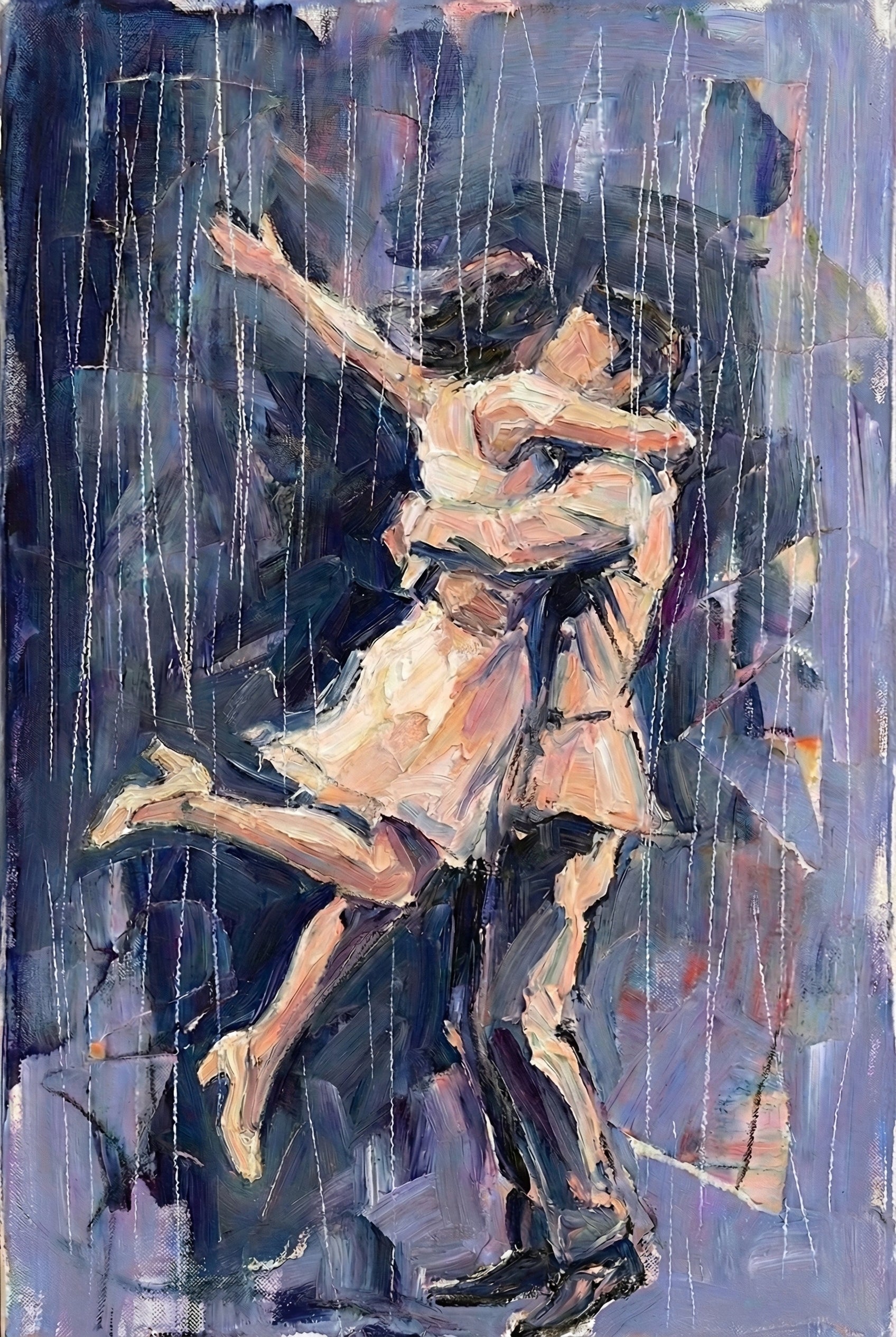 Impressionist painting of a man lifting a woman as they embrace in the rain. Her legs bend upward and his arms wrap around her waist, with dramatic navy and violet brushstrokes emphasizing movement and emotion.

