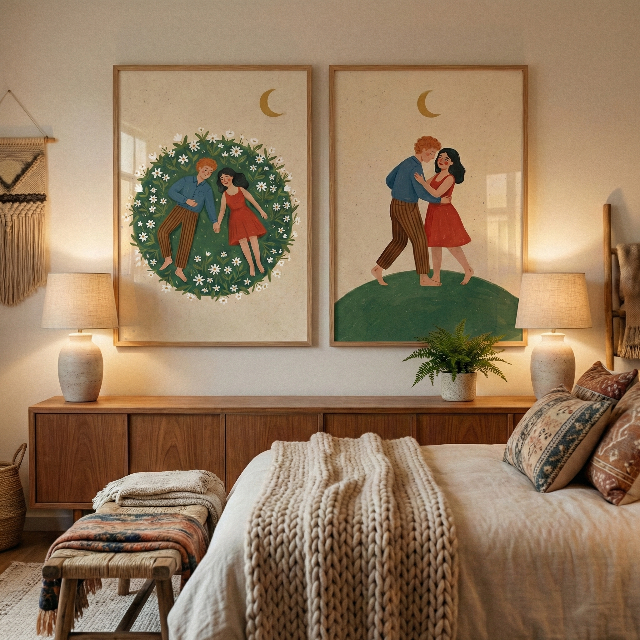 A cozy bedroom decorated in warm, earthy tones features two large framed illustrations side-by-side above a wooden dresser. The left piece depicts a couple lying hand-in-hand in a circular field of grass and white flowers under a crescent moon. The right piece shows the same couple dancing on a green hill beneath a matching moon. Below, two lamps with ceramic bases flank a small potted fern. The bed is dressed in neutral linens with a thick-knit throw and patterned accent pillows.