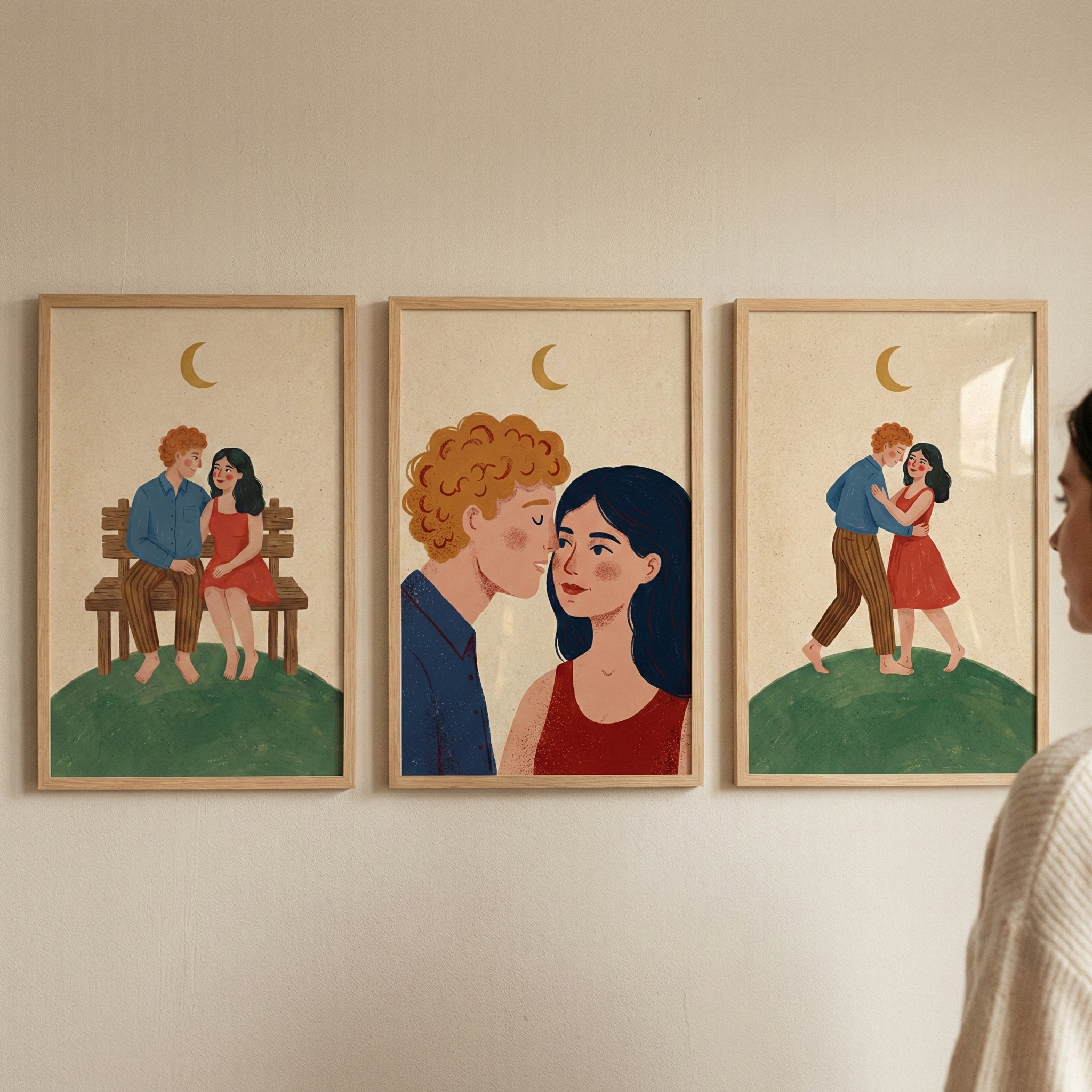 Three framed illustrations hang on a light-colored wall, being viewed by a person partially visible on the right. Each piece features a couple—a man with curly reddish hair and a woman with long dark hair—set against a cream background with a golden crescent moon. In the first frame, they sit together on a wooden bench; the second shows a close-up of their faces looking at one another; and the third depicts them dancing on a grassy hill. The style is soft and minimalist.