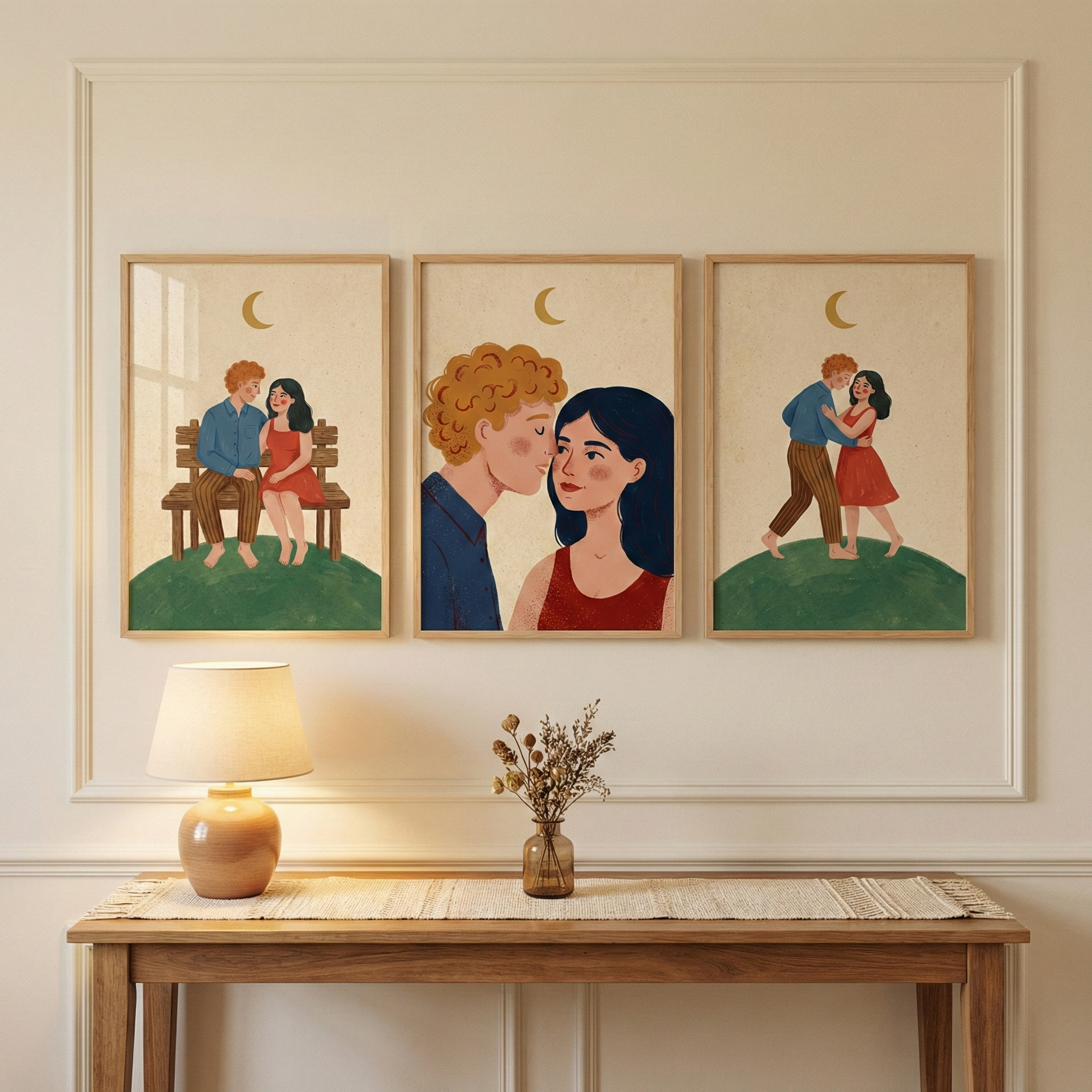 Three framed vertical illustrations are hung side-by-side on a light-colored wall, centered within a large rectangular molding frame. Beneath the art sits a wooden console table decorated with a warm-toned table lamp, a small vase of dried grass, and a woven table runner. The illustrations feature a couple—a man with curly ginger hair and a woman with long dark hair—on a green hill under a crescent moon. From left to right, they sit on a bench, gaze at each other in a close-up, and dance.
