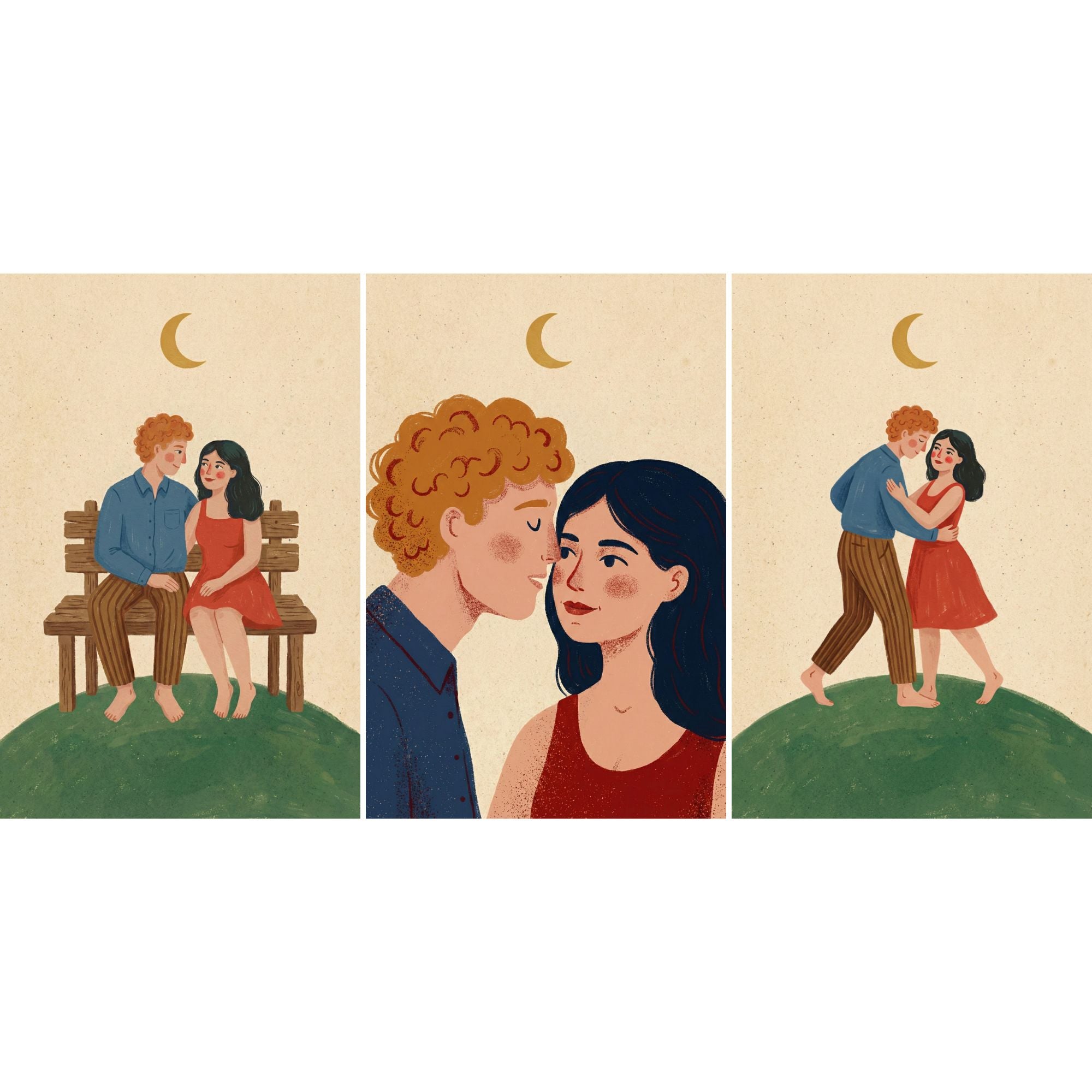 A charming artwork of a couple sitting closely together on a simple wooden bench beneath a crescent moon. Their soft expressions and relaxed posture capture a quiet moment of connection and affection. The muted earthy tones and minimal background give the piece a cozy nostalgic feel ideal for romantic home decor.
