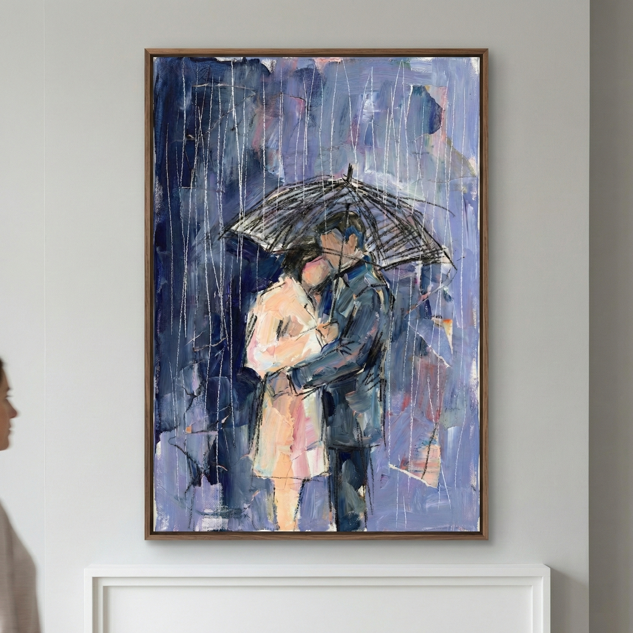 This vertical canvas features an expressive, impressionistic depiction of a couple sharing a close embrace under an umbrella during a rainstorm. The woman is wearing a light-toned, peach-colored coat, while the man is in a dark blue suit. 

