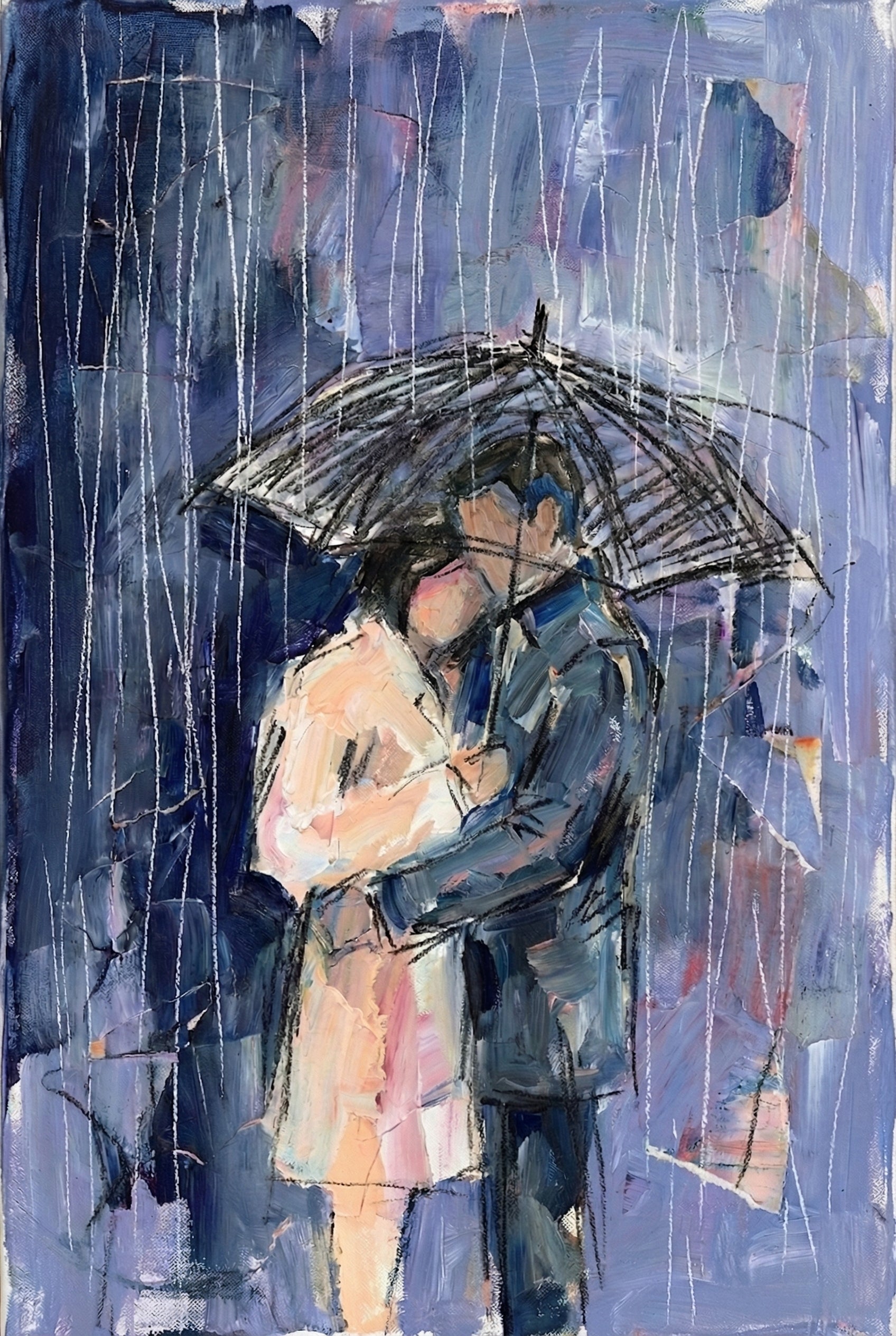 Painting of a couple standing under a shared umbrella in the rain. The dark umbrella arches above them as they embrace closely, surrounded by layered blue and purple brushstrokes.

