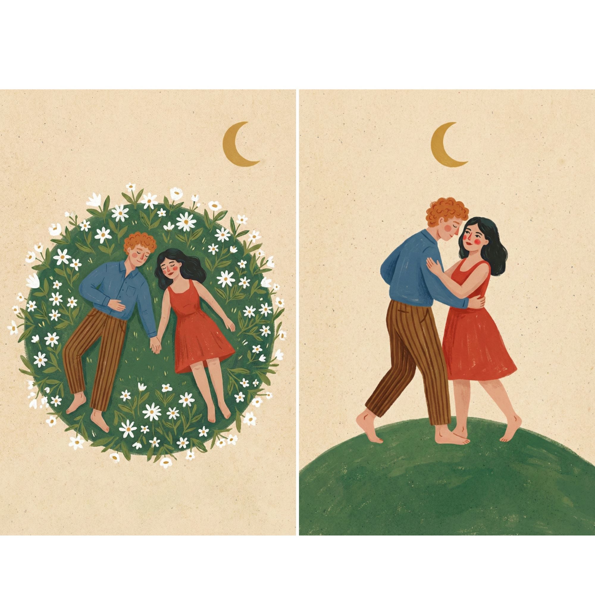  A sweet romantic illustration of a couple lying hand in hand within a circular bed of white flowers. Surrounded by soft greenery and set against a warm neutral background with a golden crescent moon above, the scene feels peaceful and intimate. The gentle colors and relaxed poses create a dreamy love themed wall art perfect for bedrooms or anniversary decor.

