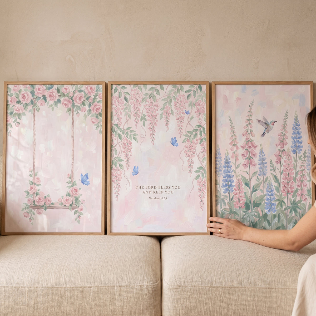 Romantic Pastel Botanical Garden Wall Art Set Of 3 - Blessed Bloom Trio