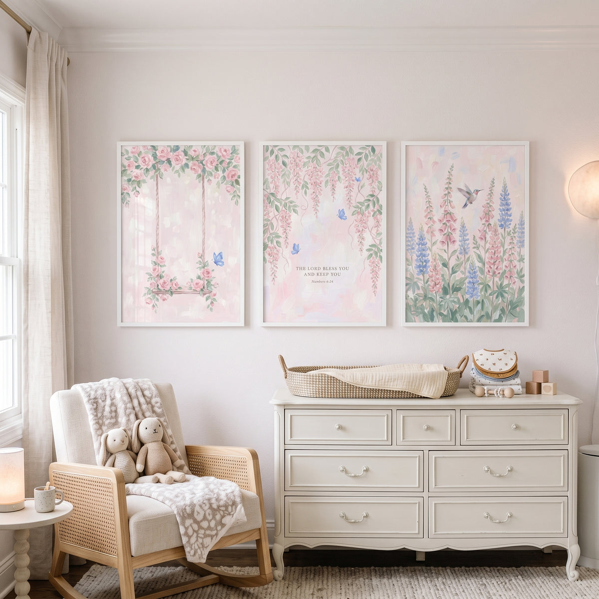 Romantic Pastel Botanical Garden Wall Art Set Of 3 - Blessed Bloom Trio