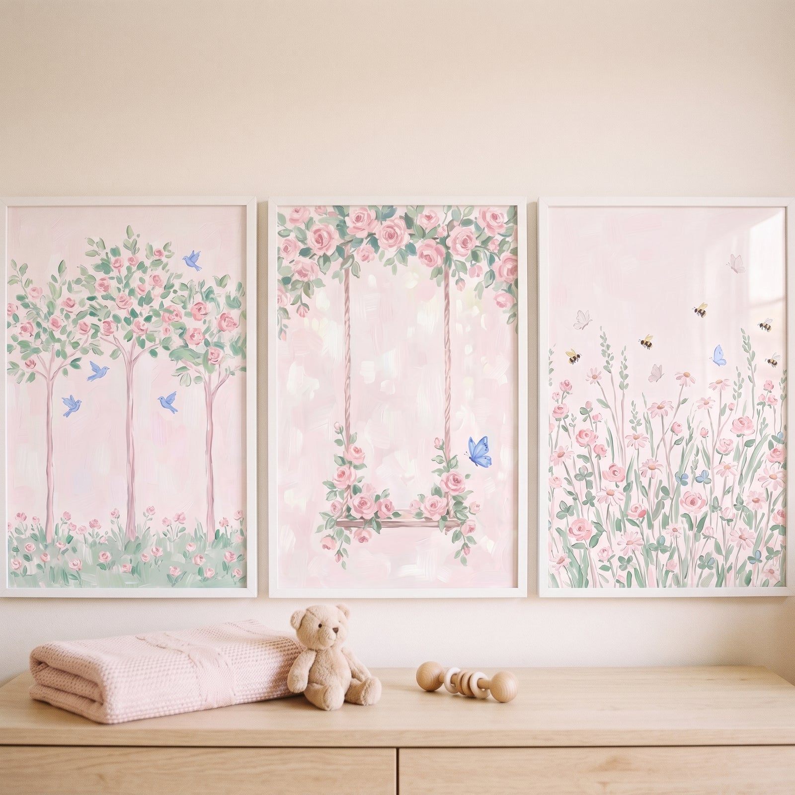 Romantic pastel floral garden wall art set of 3 hangs above a dresser with a teddy bear and pink blanket.