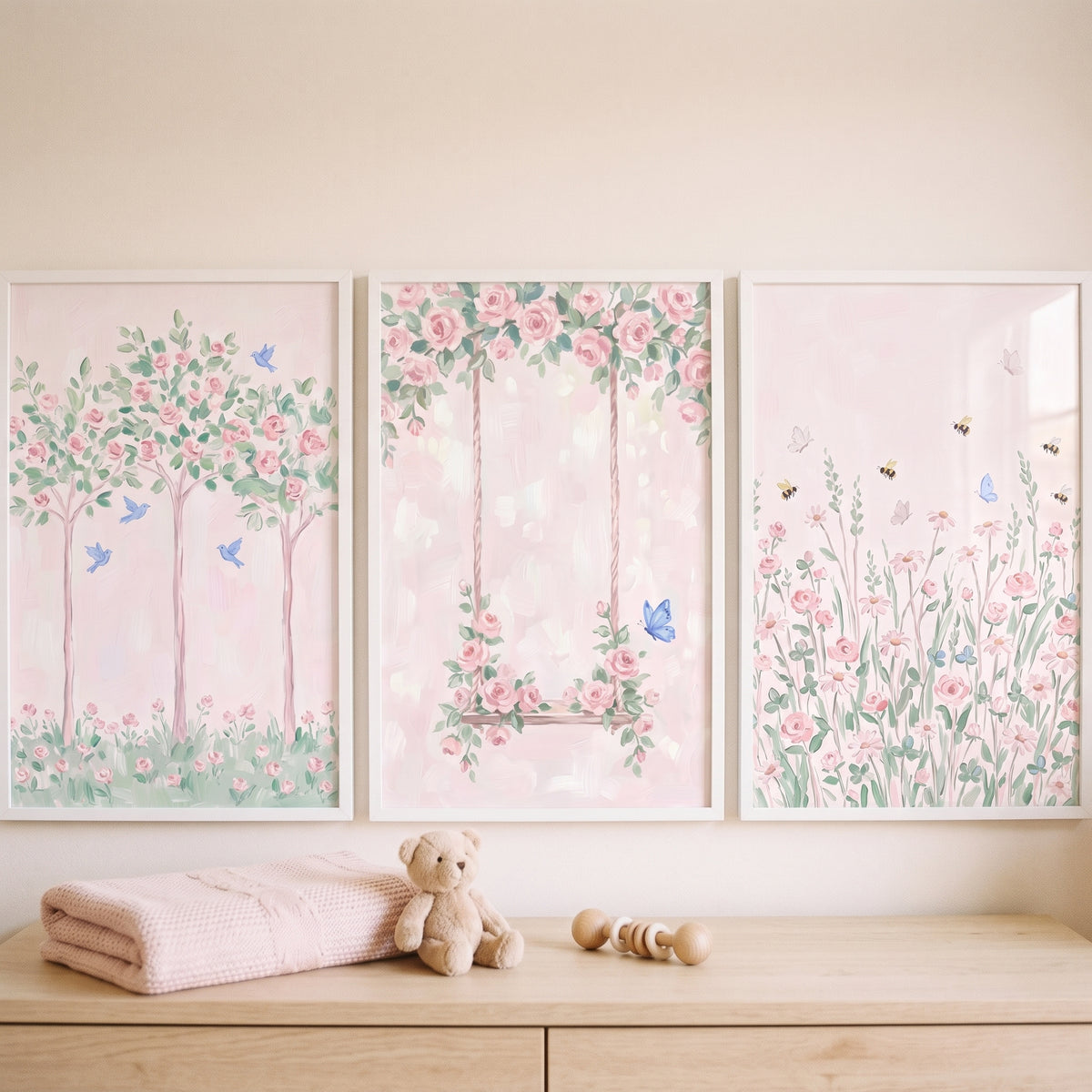 Romantic Pastel Floral Garden Wall Art Set of 3 - Whimsical Rose Meadow