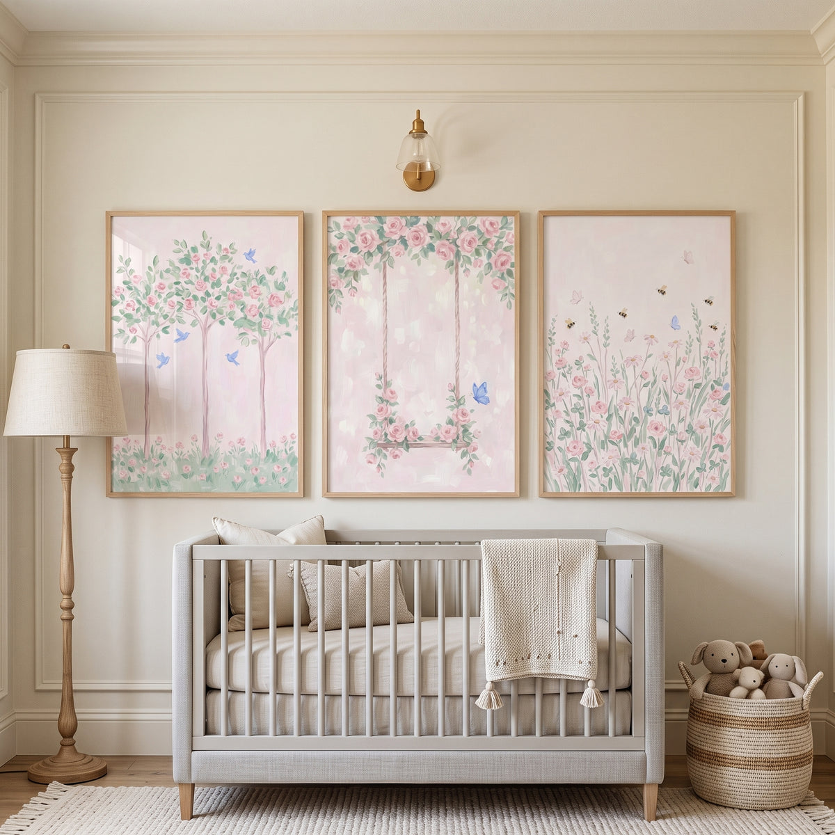 Romantic Pastel Floral Garden Wall Art Set of 3 - Whimsical Rose Meadow
