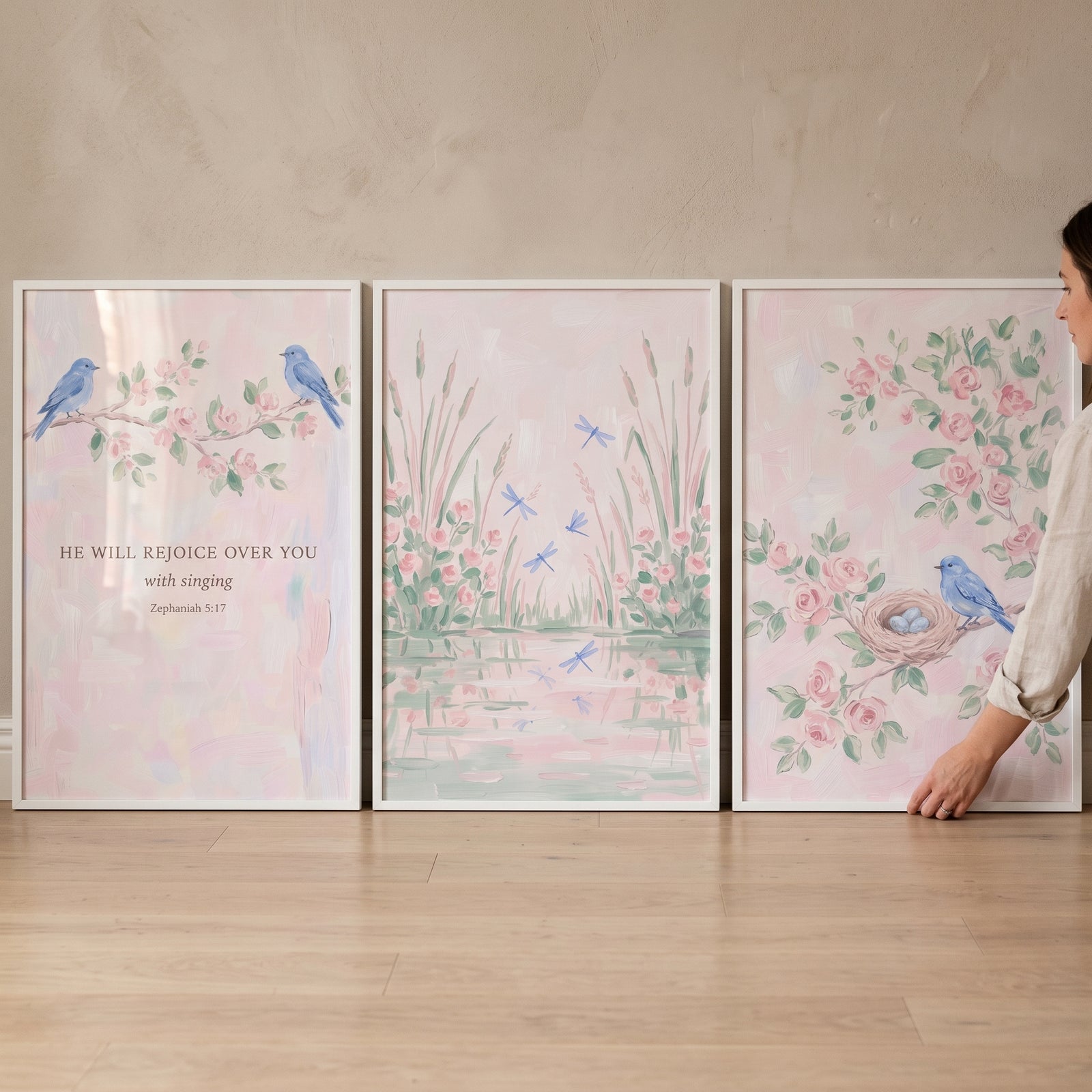 Romantic pink botanical scene wall art set of 3 with blue birds, pink flowers, dragonflies, and Zephaniah 3:17.