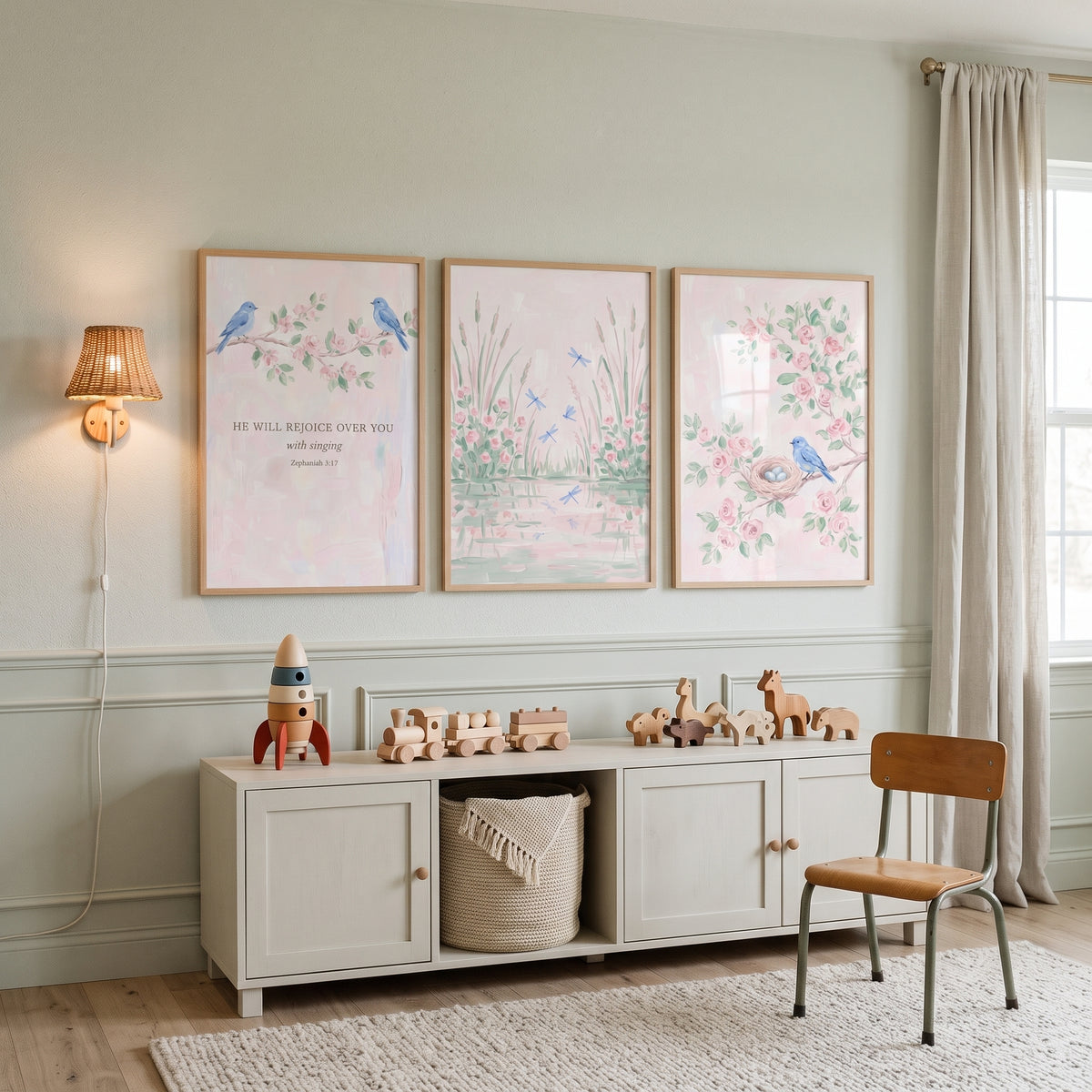 Romantic Pink Botanical Scene Wall Art Set of 3 - Serene Bird Verse