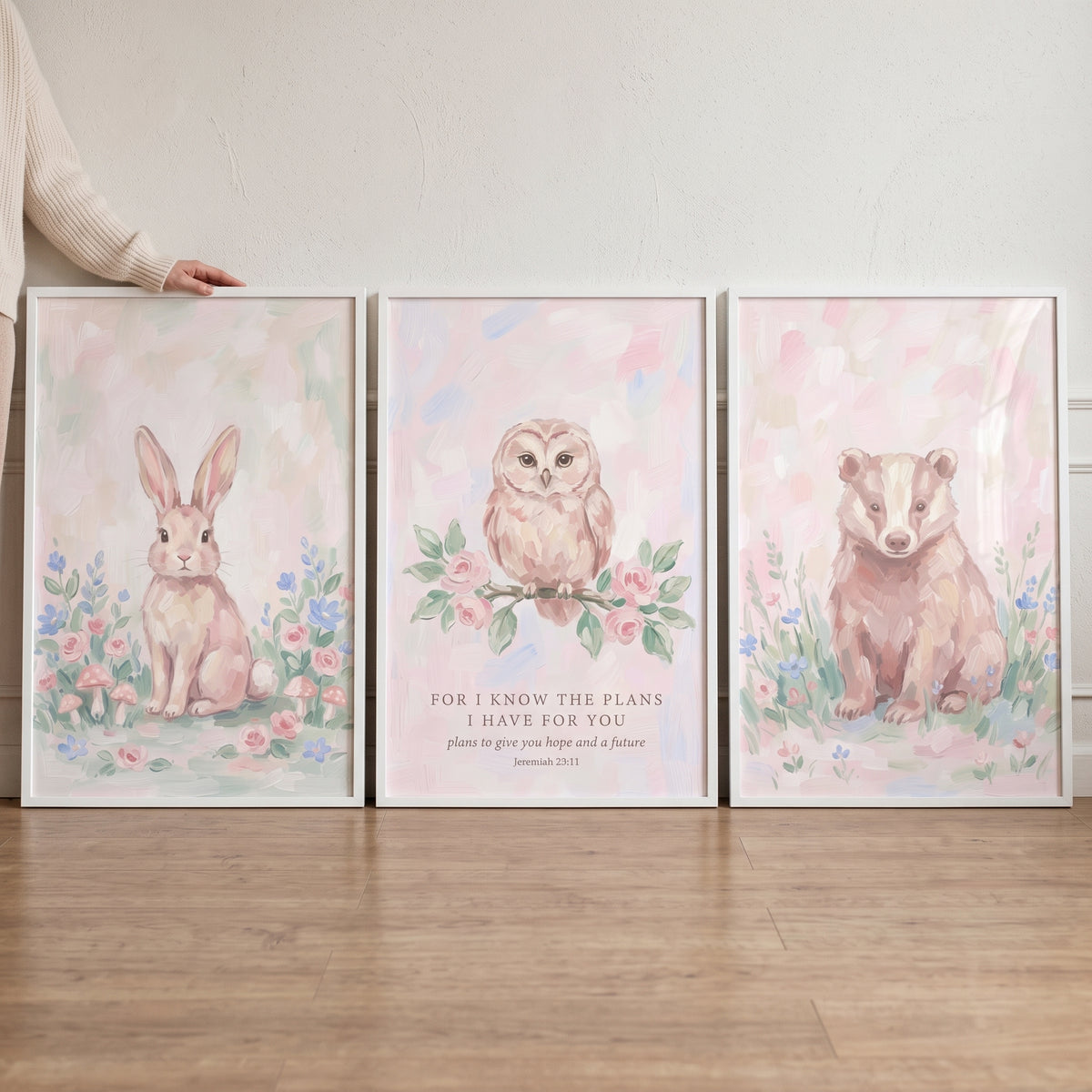 Romantic Pink Forest Animals Wall Art Set of 3 - Soft Nursery Trio