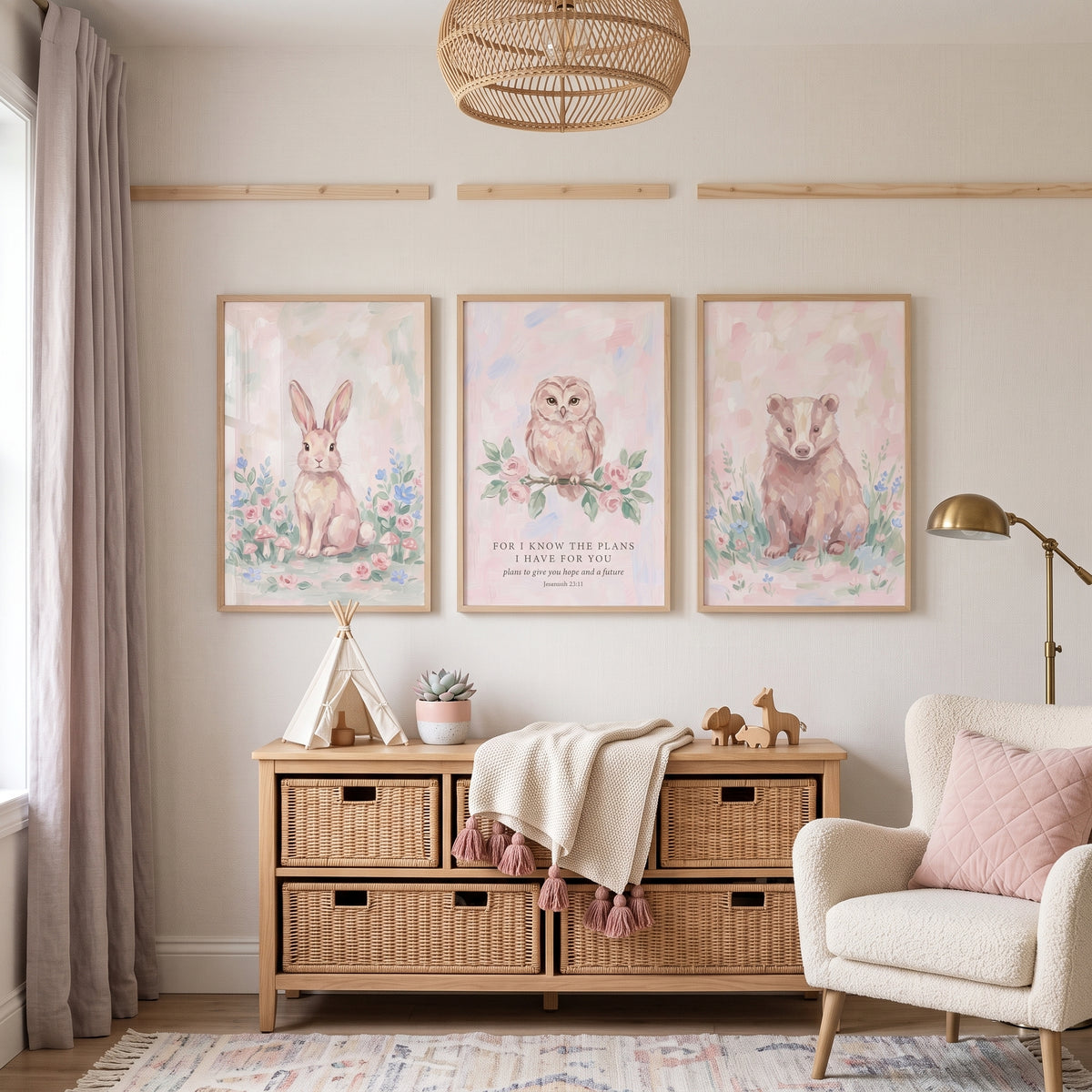 Romantic Pink Forest Animals Wall Art Set of 3 - Soft Nursery Trio