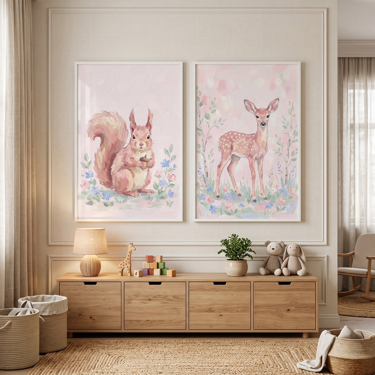 Romantic Pink Woodland Animals Wall Art Set of 2 - Sweet Woodland Friends