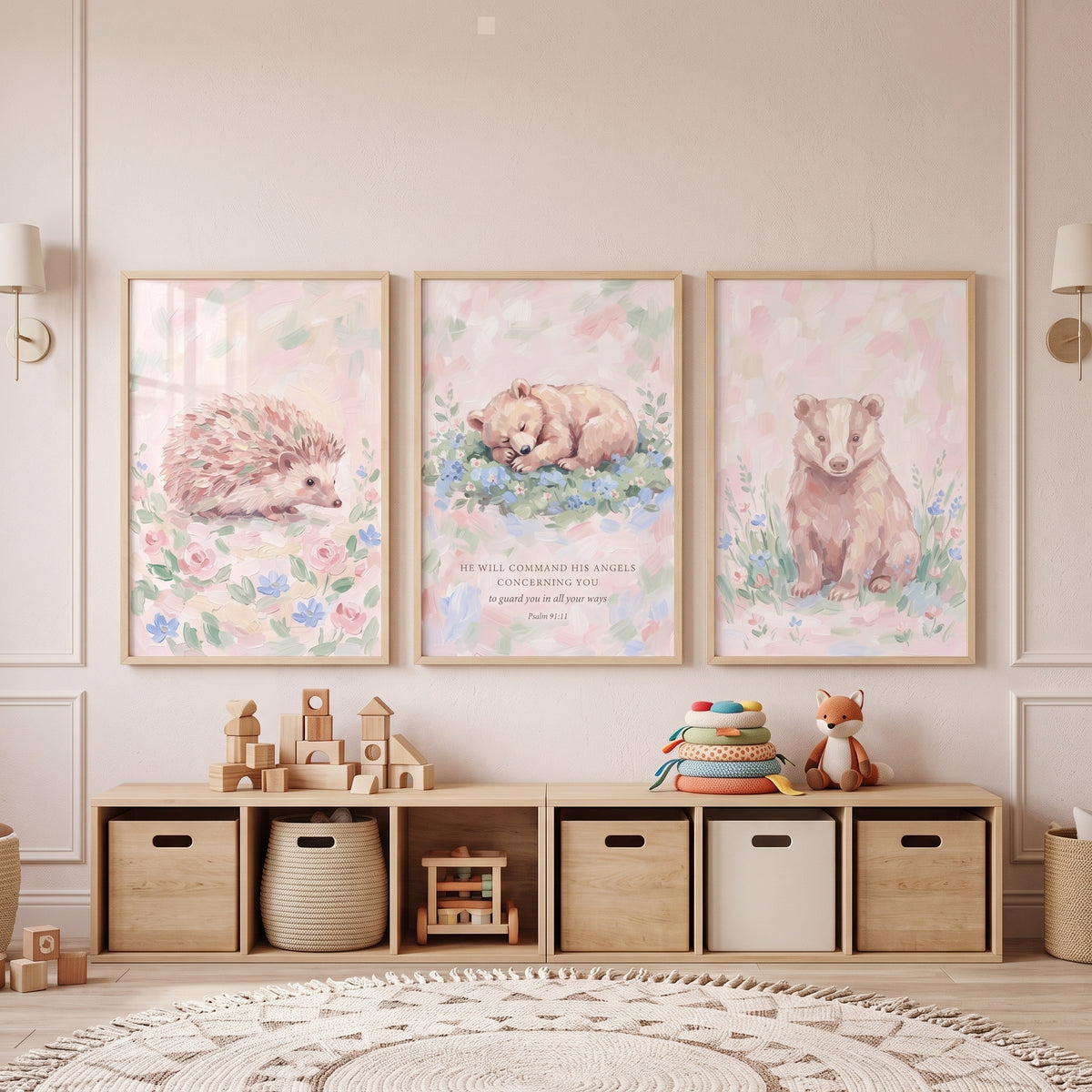 Romantic Rose Woodland Animals Wall Art Set of 3 - Heavenly Forest Friends