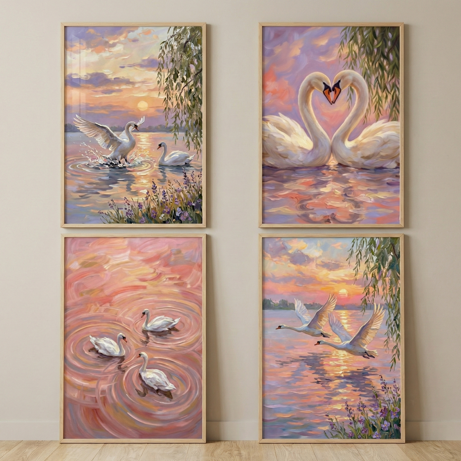 A set of four framed vertical illustrations arranged in a two-by-two grid on a neutral-colored wall. Each artwork depicts white swans in a serene outdoor setting during a vibrant sunset or sunrise, characterized by soft pastel tones of pink, orange, and purple.

