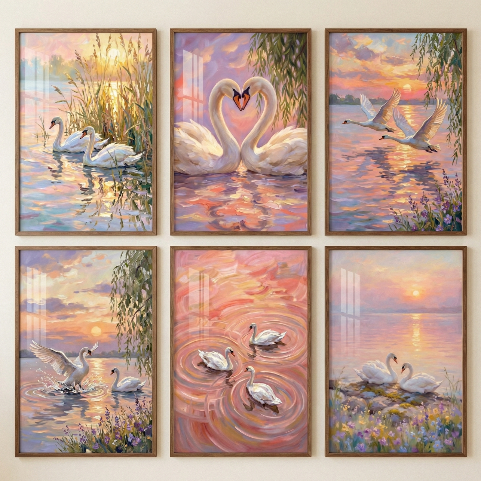 A collection of six rectangular framed illustrations is arranged in a grid of two rows and three columns against a neutral wall. Each piece features white swans as the central subject, rendered in an impressionistic style with soft, visible brushstrokes and a warm palette of pink, violet, orange, and gold.

