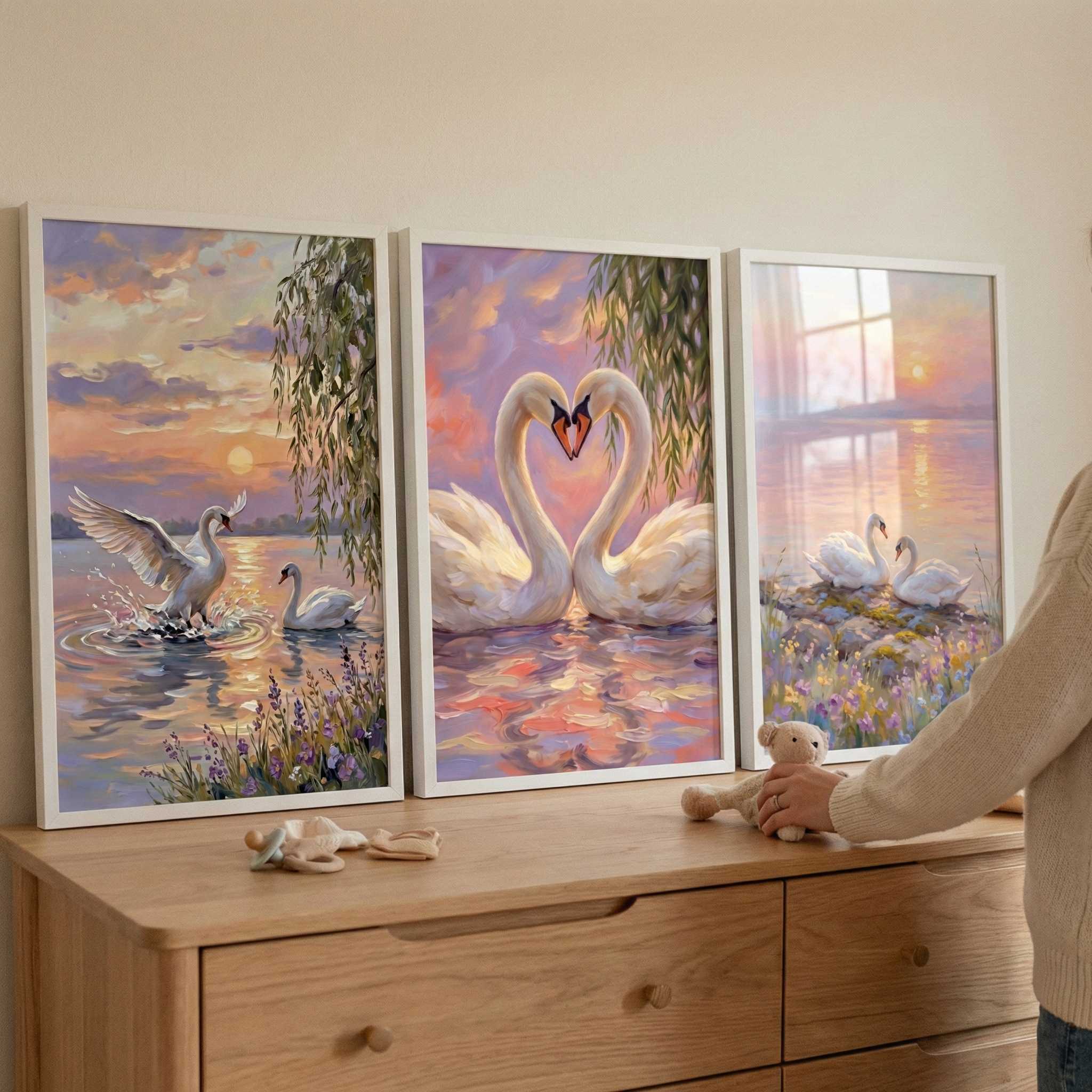 Romantic Swans Print Set of 3 - Serene Sunset Swans
