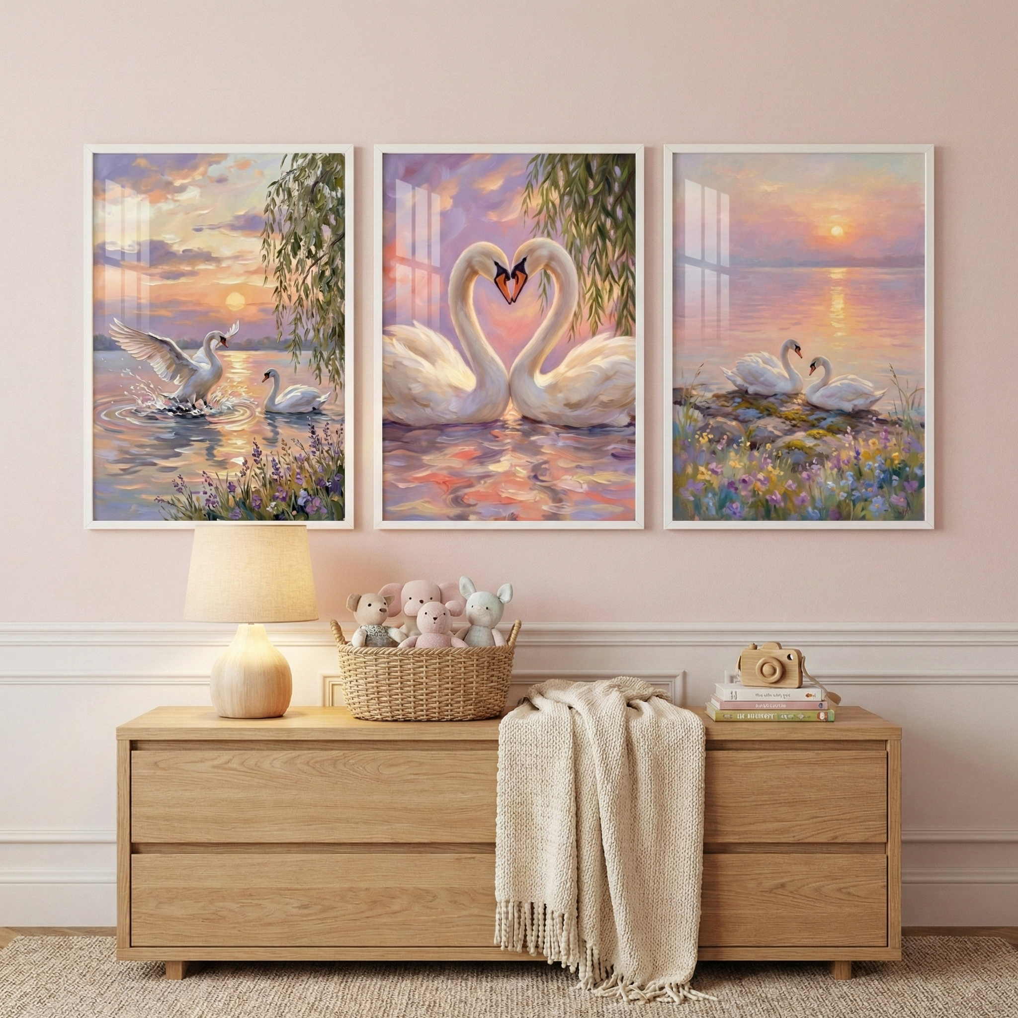 Romantic Swans Print Set of 3 - Serene Sunset Swans