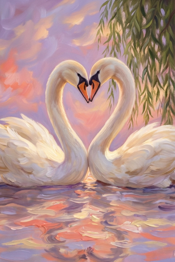 An expressive illustration features two white swans floating on water. Their long, graceful necks curve toward each other to form a perfect heart shape. The backdrop is a serene sky filled with soft, swirling clouds in shades of pastel pink and purple. To the upper right, delicate green willow leaves hang down into the frame. The water below is rendered with thick, visible strokes that reflect the warm colors of the sunset, creating a tranquil and romantic atmosphere.