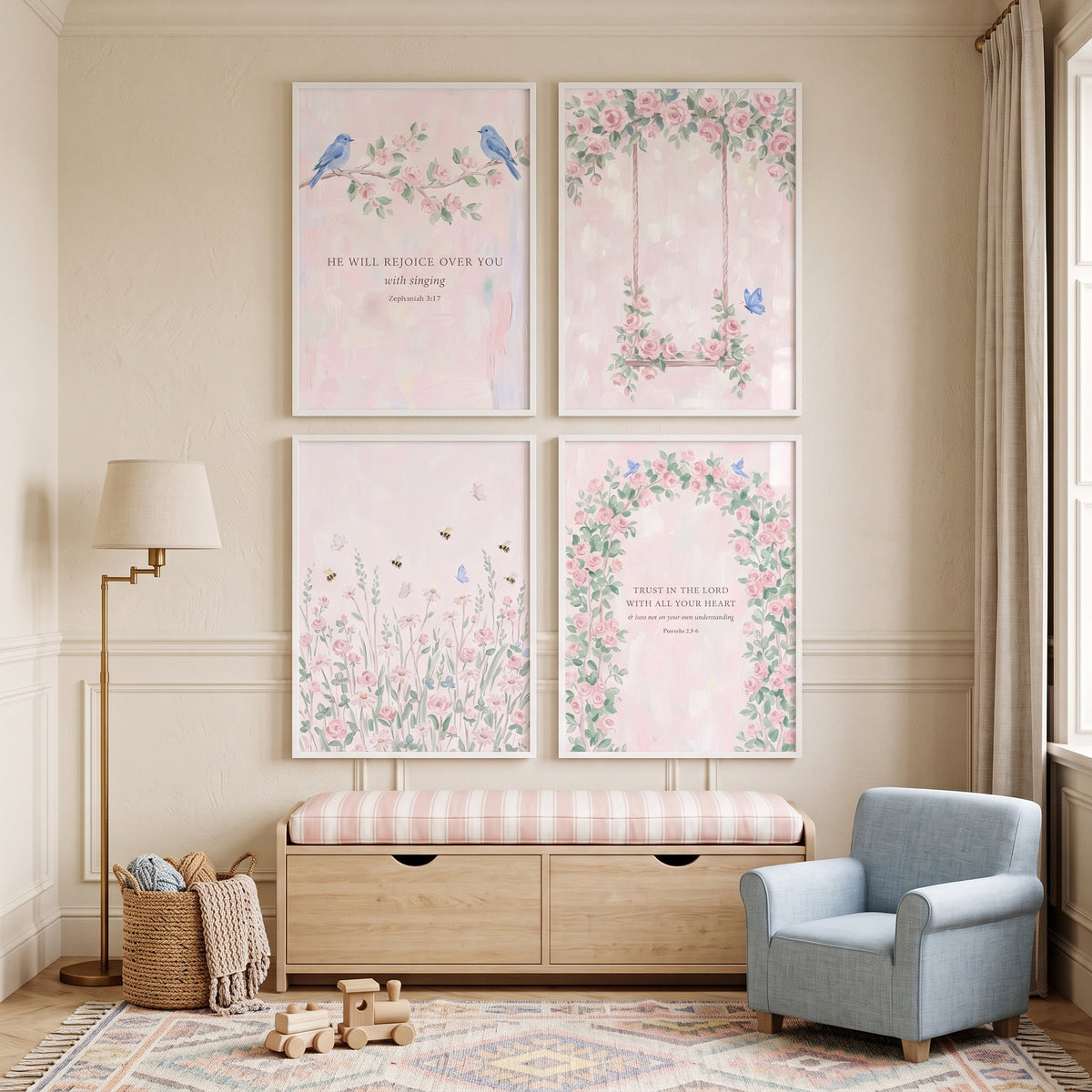 Romantic Watercolor Blush Garden Wall Art Set of 4 - Graceful Floral Faith