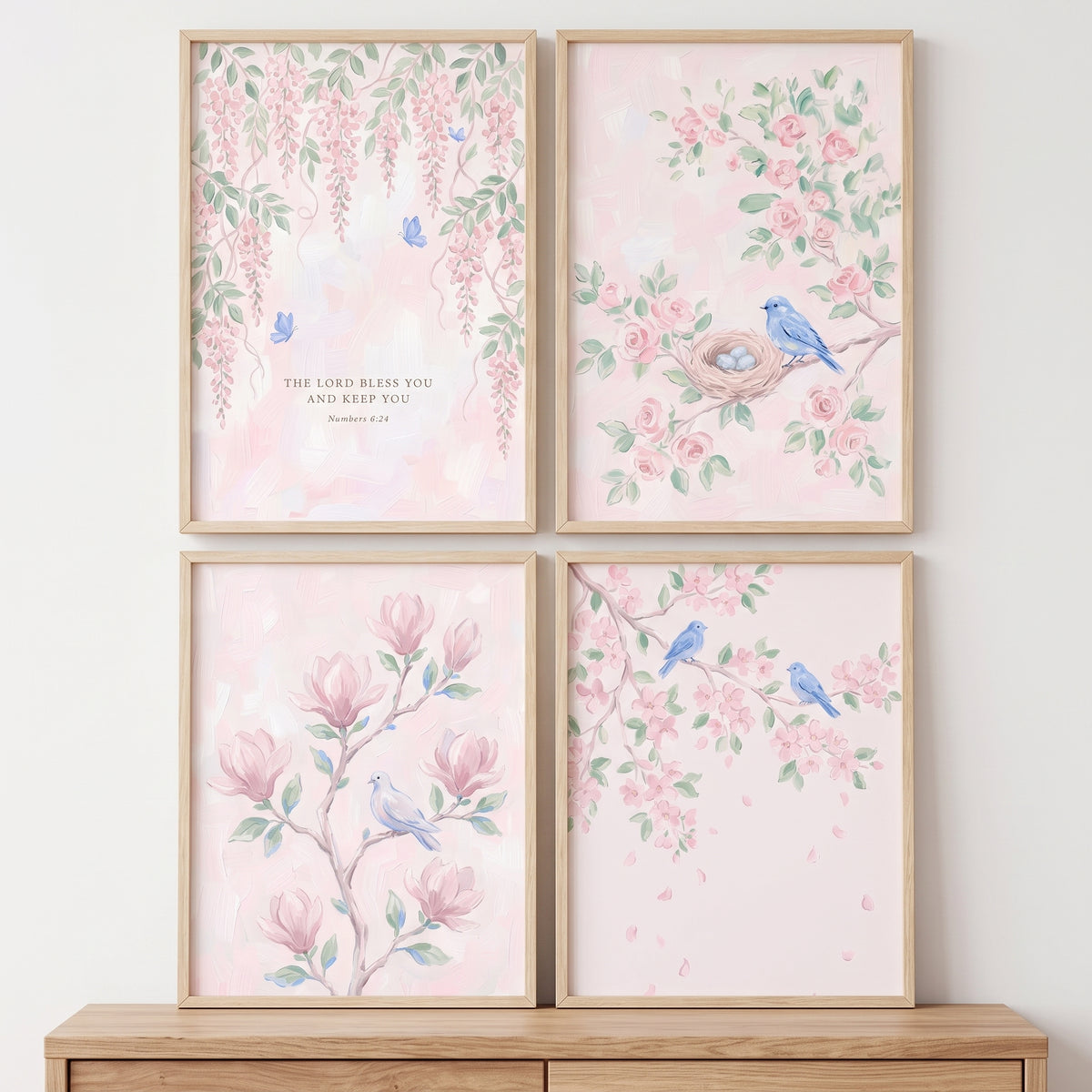 Romantic Watercolor Pink Garden Wall Art Set of 4 - Blessed Garden Serenity