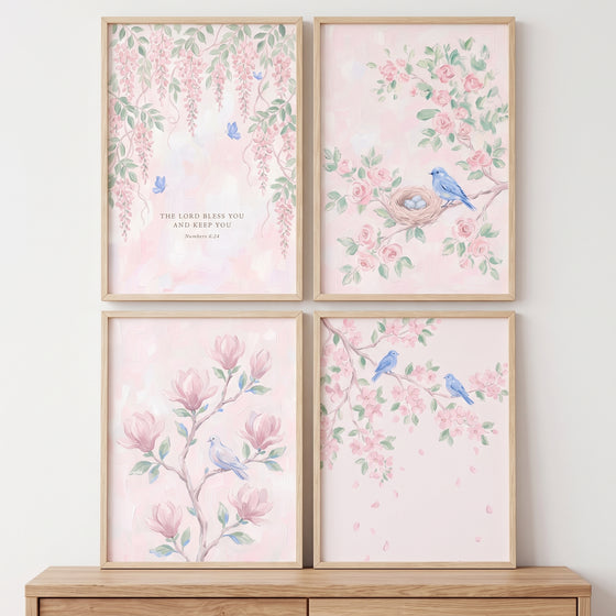 Romantic watercolor pink garden wall art set of 4 depicts blue birds, blossoms, and a scripture verse in wood frames.