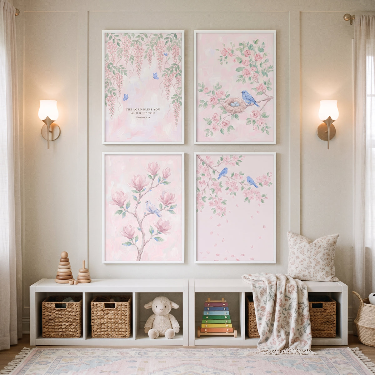 Romantic Watercolor Pink Garden Wall Art Set of 4 - Blessed Garden Serenity