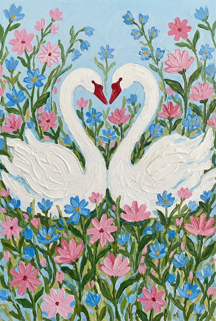 Two white swans face each other against a light blue sky, their long necks curving to form a heart shape with their red beaks meeting in the center. They are surrounded by a dense field of pink and blue flowers on thin green stems. The artwork is characterized by a heavy, textured application of medium, with thick, visible strokes creating a three-dimensional effect across the entire surface. The composition is symmetrical, creating a sense of balance and romantic harmony.