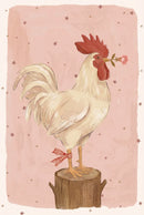A painted illustration of a white rooster standing on a wooden stump with a red gingham ribbon tied to its leg while holding a small pink flower in its beak against a pink starry background.
