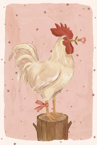 A painted illustration of a white rooster standing on a wooden stump with a red gingham ribbon tied to its leg while holding a small pink flower in its beak against a pink starry background.
