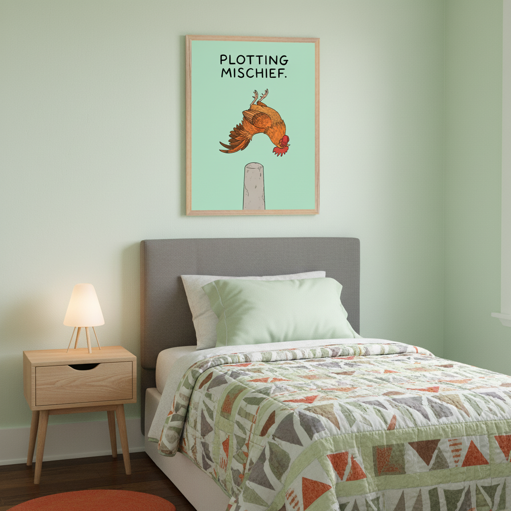 Modern bedroom with a single bed, gray upholstered headboard, and wooden nightstand with a lamp. Above the bed hangs a framed light green print featuring a cartoon chicken upside down on a pole, with the text 'PLOTTING MISCHIEF.'.