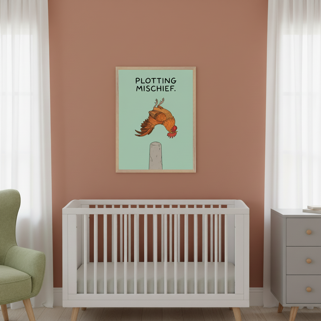 Modern nursery with a terracotta wall. A white crib is beneath a framed light green poster. The poster features "PLOTTING MISCHIEF." text and an upside-down rooster on a post. A green armchair sits left, a gray dresser right.