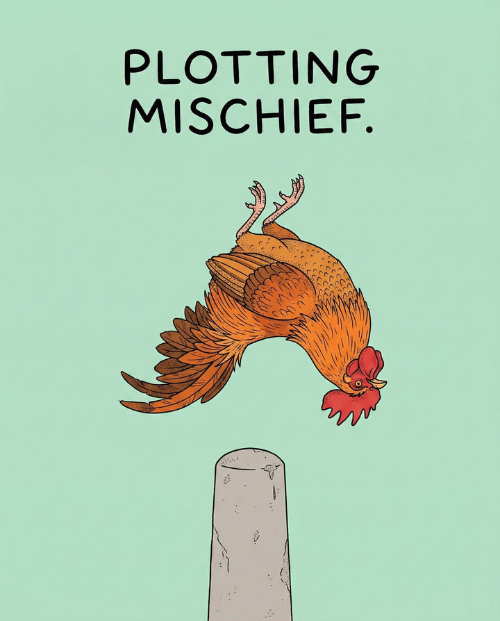 A humorous illustration of an upside-down chicken mid-flip above a stone post on a mint green background with the caption “Plotting Mischief.” The quirky composition and bold lettering add a mischievous charm.
